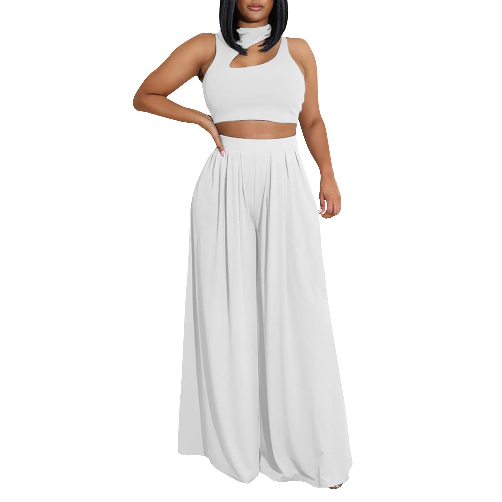 Women's 2-Piece Beach Outfit Set - Sleeveless Mock Neck Top & Wide Leg Lounge Pants, Summer Tracksuit for Vacation, Yoga, Workout (S, White) | Perfect for Beach Trips, Casual Wear & Gym Sessions