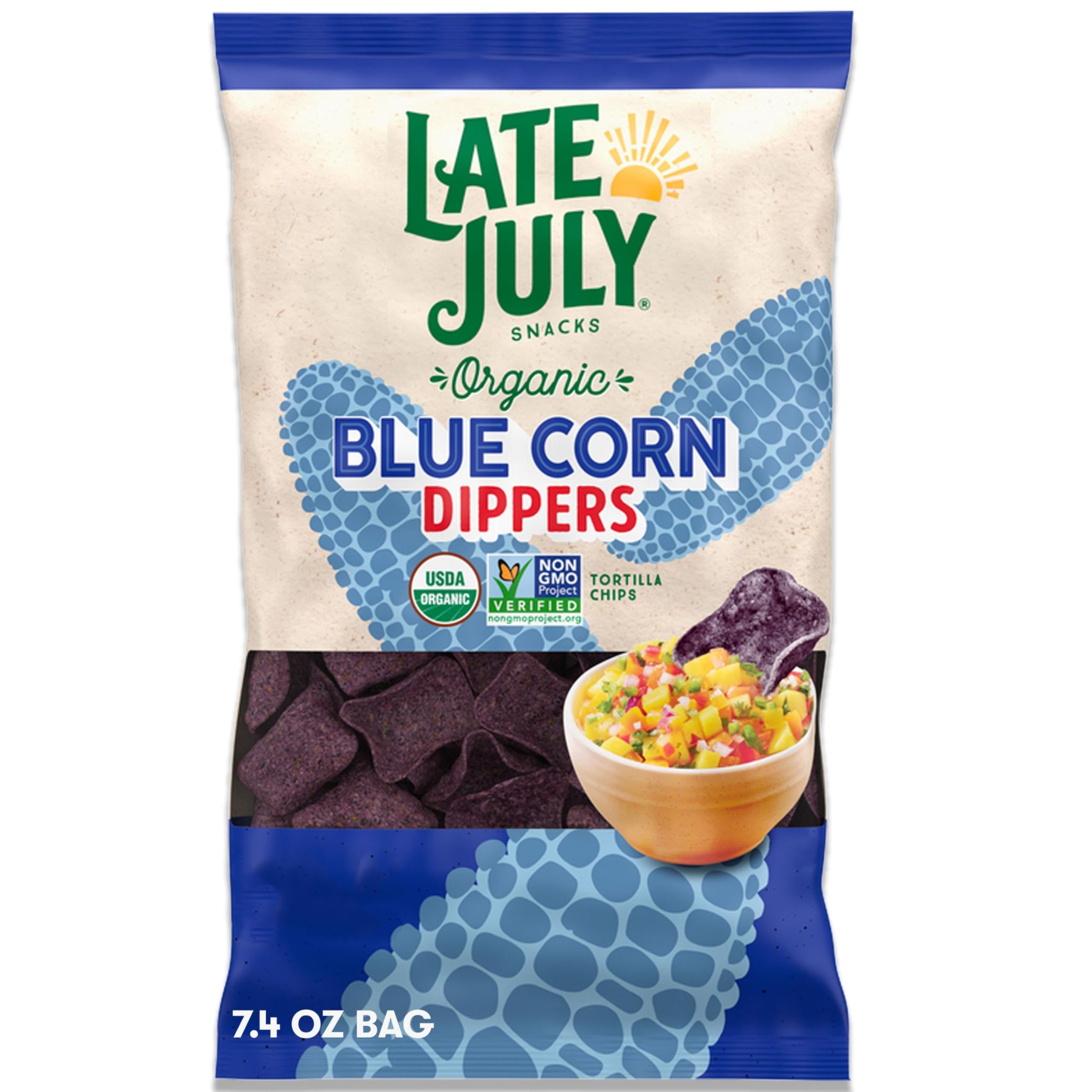 Organic Blue Corn Tortilla Chips by Late July Snacks - 7.4oz Bag, Non-GMO, Gluten-Free, Vegan - Perfect for Parties, Snacking & Dips