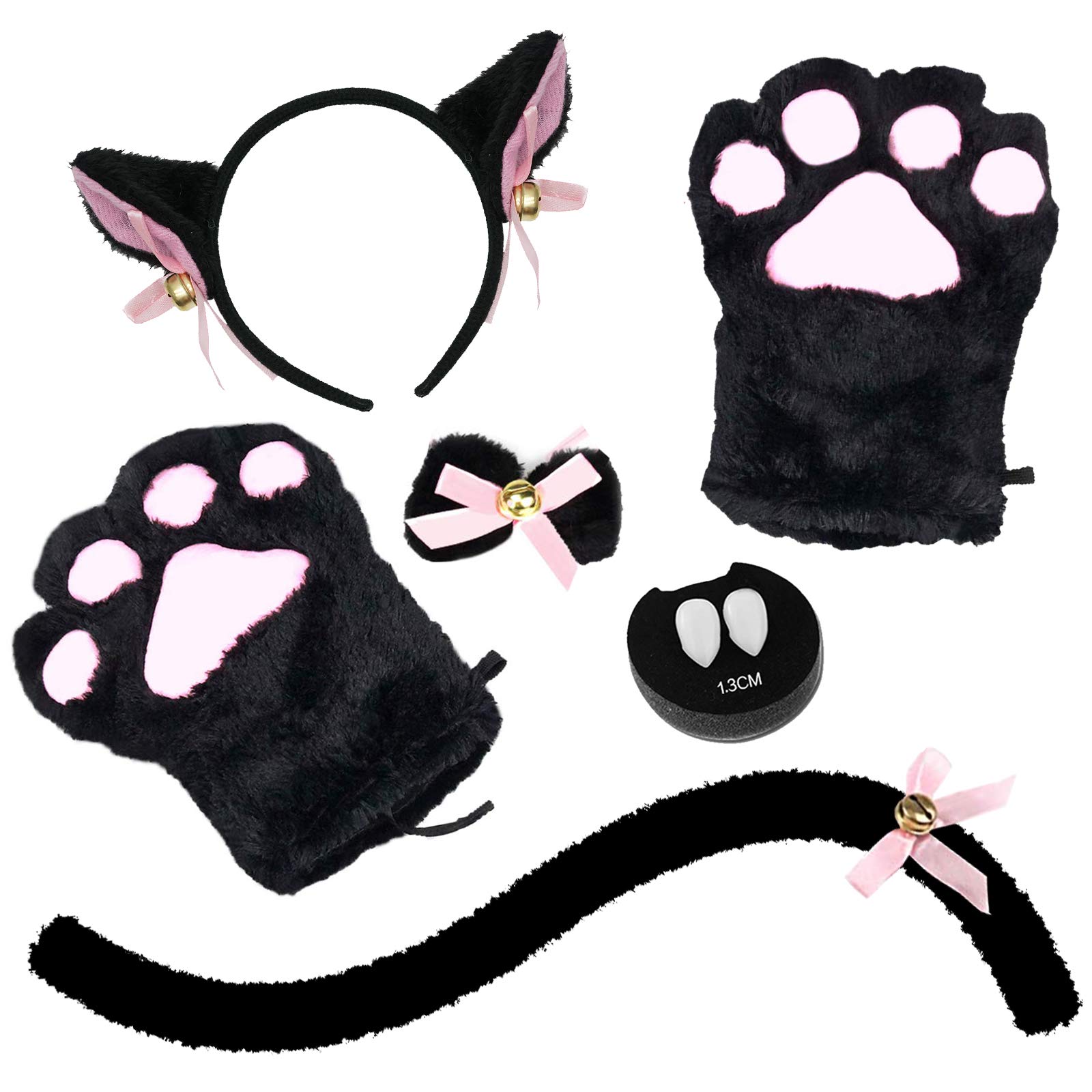 Abida Cat Cosplay Costume - 5 Piece Cat Ear & Tail Set with Collar, Paws Gloves & Vampire Teeth Fangs for Halloween, Cosplay Parties & Anime Conventions