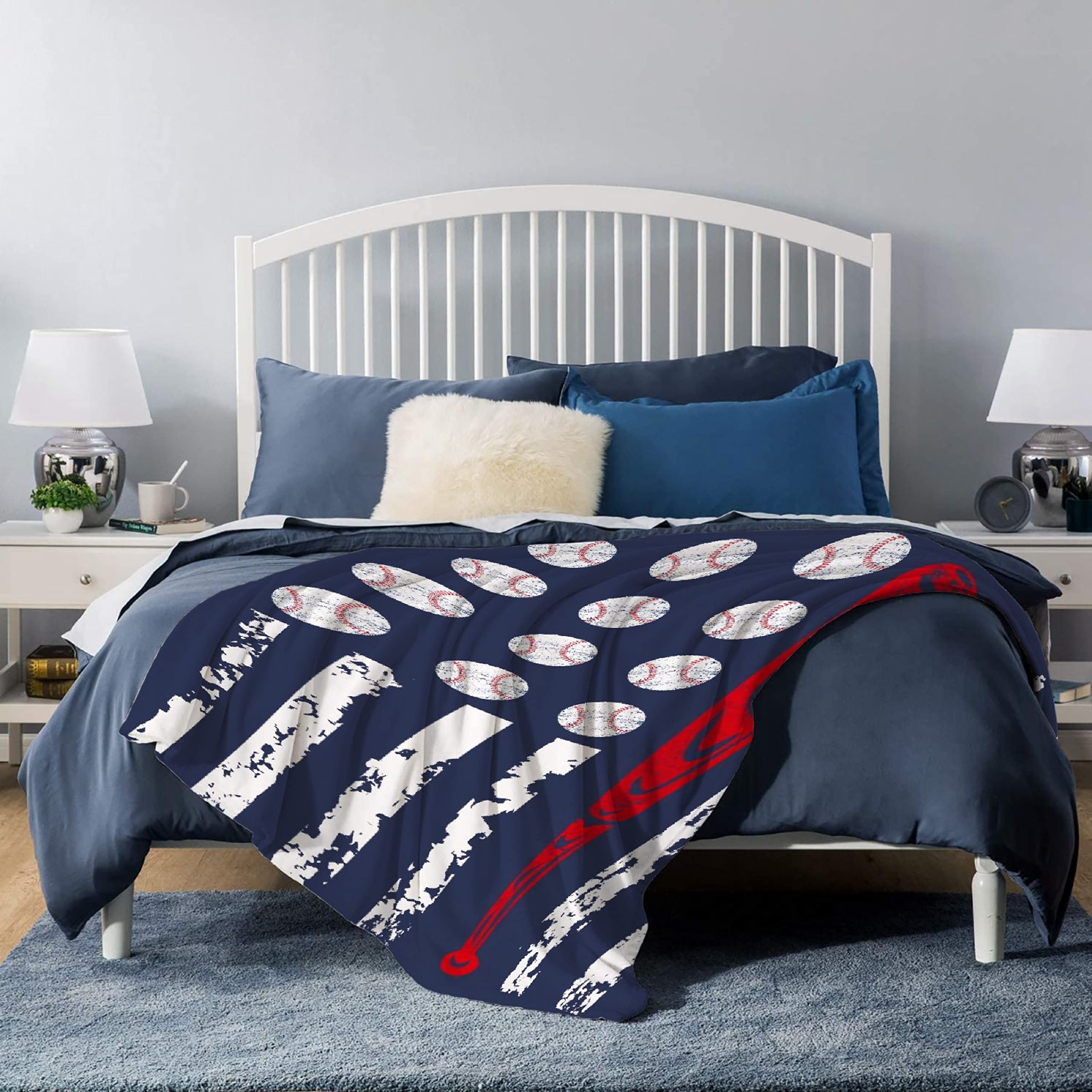 Baseball America Flag Design Throw Blanket - Lightweight Plush Fuzzy Cozy Soft Blanket 120