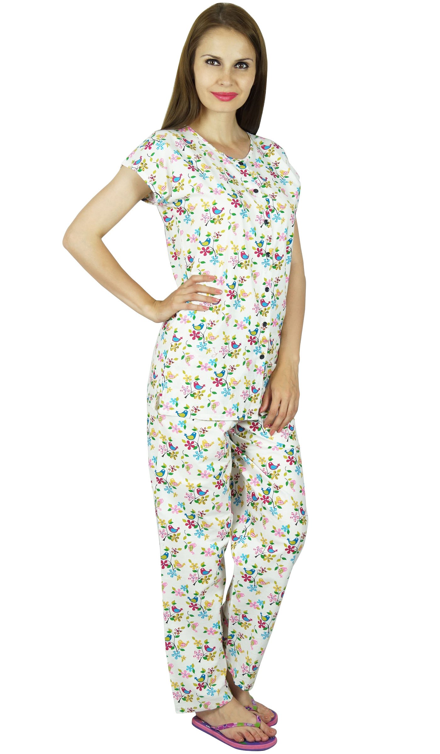 Bimba Women's White Cotton Pajama Set - Cap Sleeve Sleep Shirt & Lounge Pants for Comfortable Nightwear & Relaxing at Home