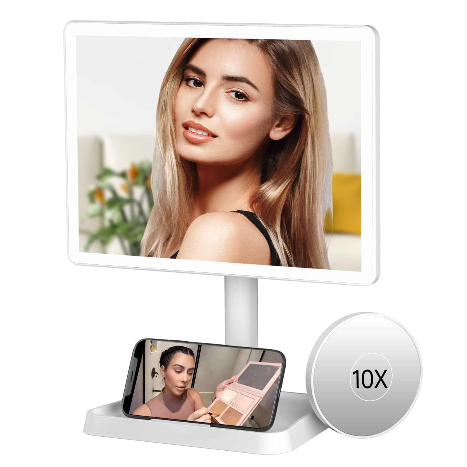 FUNTOUCH Rechargeable LED Makeup Mirror with 96 Lights & 10x Magnifier - 3 Color Lighting, Phone Holder - Perfect for Vanity, Dressing Table, and Professional Makeup Artists