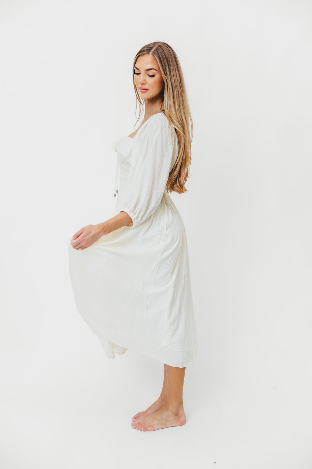 Miffy Ruffled Smocking Flowy Midi Dress in Ivory - Elegant Summer Dress for Women, Perfect for Weddings, Parties & Beach Vacations