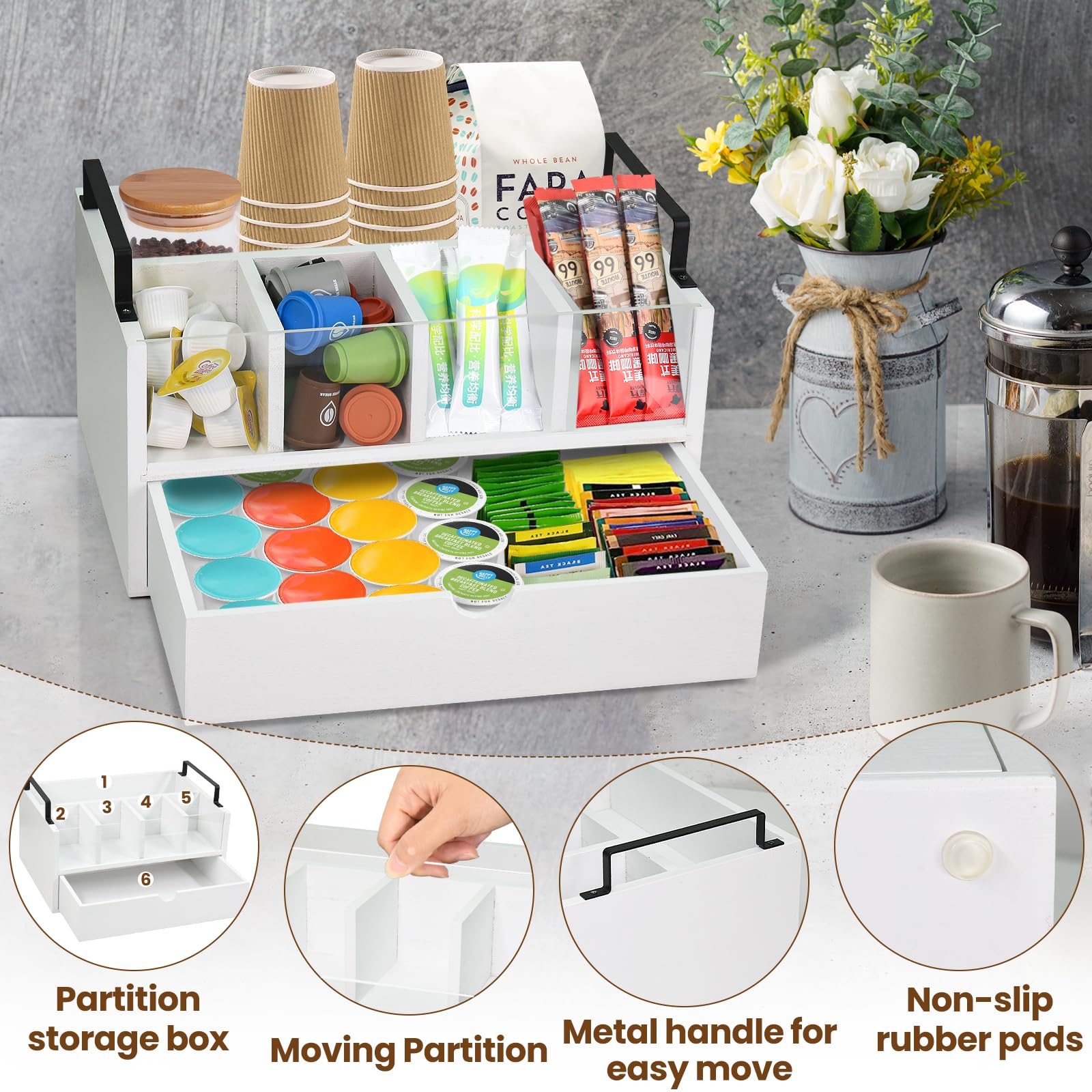 Rustic Wood Coffee Bar Organizer with Drawer - K Cup & Coffee Pods Holder with Handle - Countertop Coffee Station Accessories for Condiments & Decor - Perfect for Home, Office, or Cafe Use