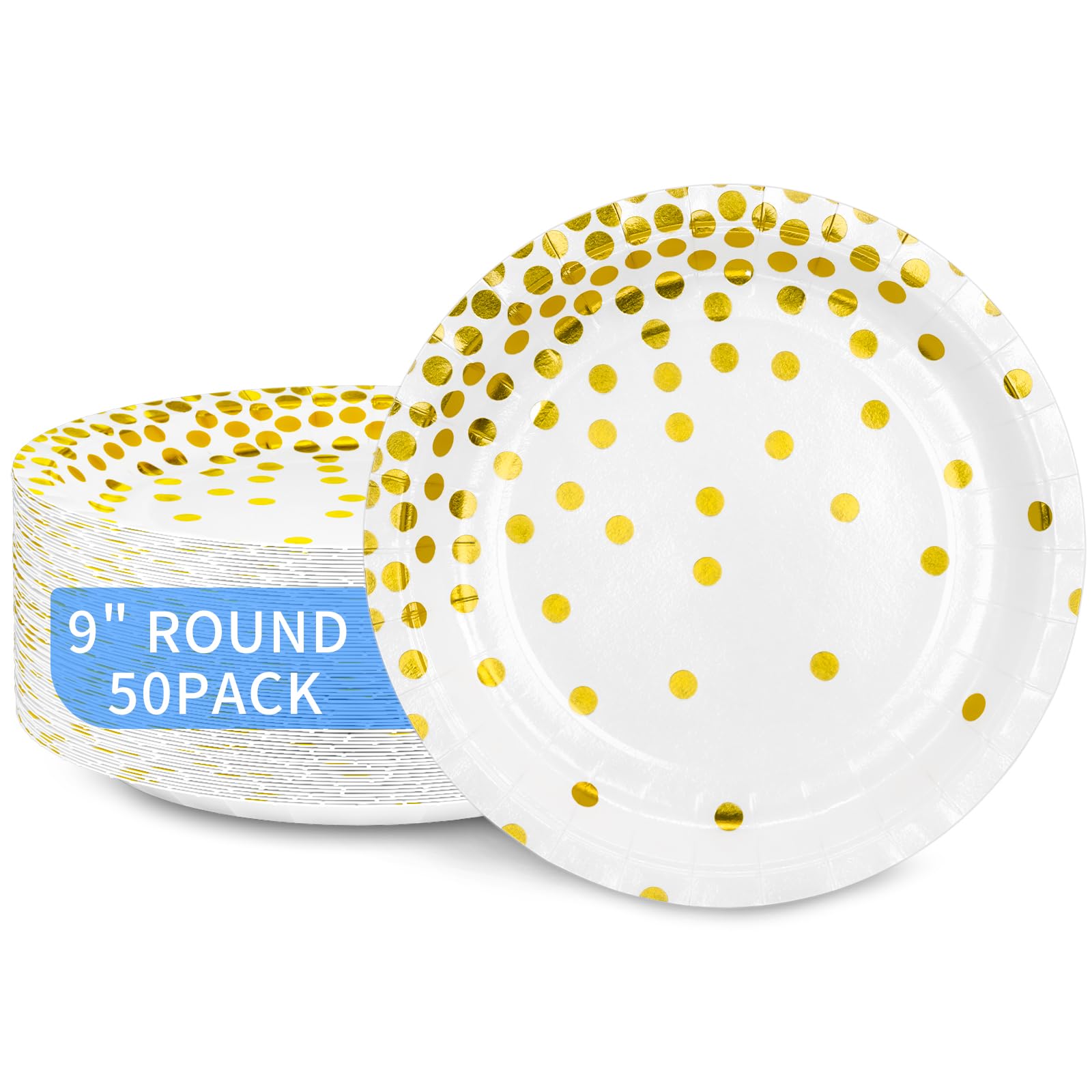 DYLIVeS 9 Inch White and Gold Metallic Foil Polka Dot Disposable Paper Plates - Elegant Dessert & Cocktail Party Supplies for Birthday, Bridal Shower, Easter, Graduation Decorations - 50 Pack - Perfect for Elegant Events, Holiday Gatherings & Special Occasions