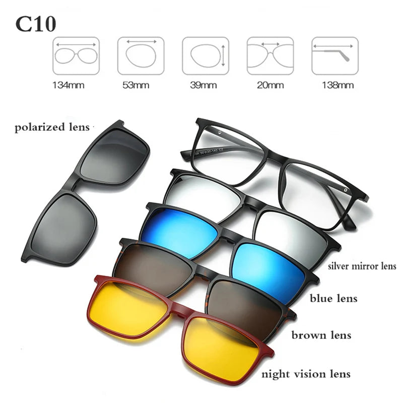 Belmon Unisex Square Eyeglasses with 5 Clip-On Sunglasses - Lightweight Blue Light Blocking Glasses for Men & Women - Perfect for Reading, Driving, and Outdoor Activities (RS159)