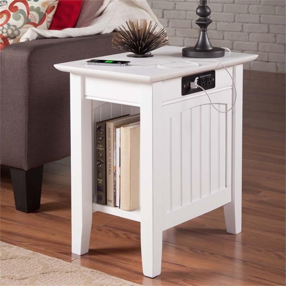 Pemberly Row Transitional White Wood Side Table with USB Charging Ports - Perfect for Living Room, Bedroom & Office Use