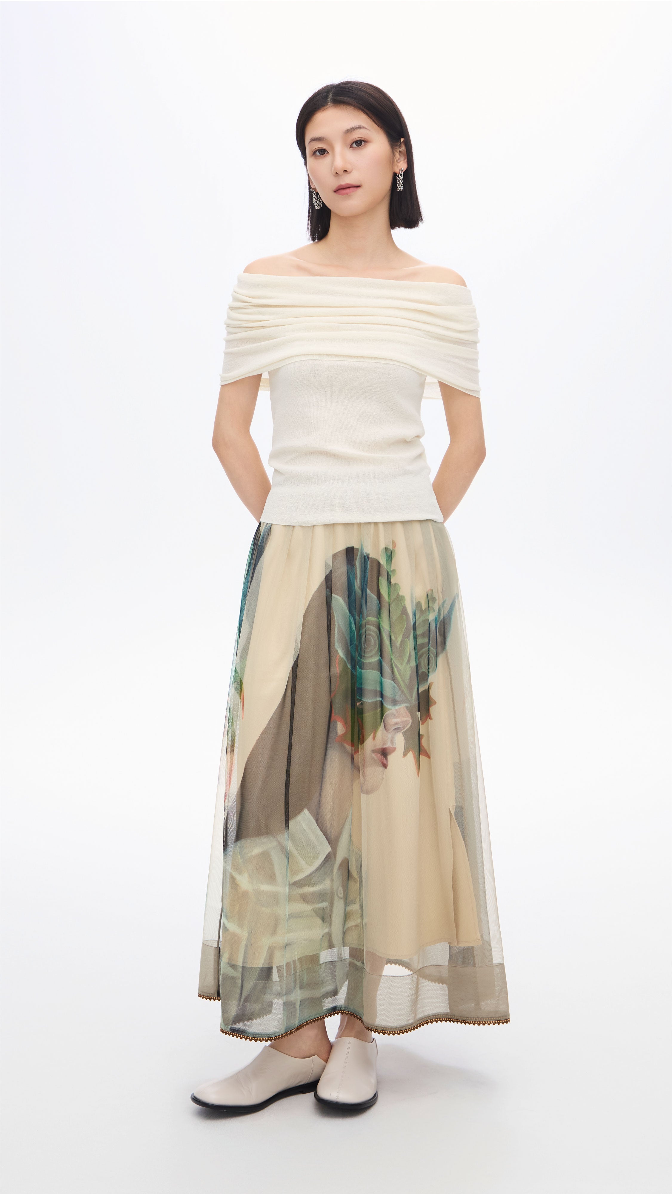 Mariko Enomoto Women's Graphic Print Pleated Mesh Skirt - Stylish A-Line Midi Skirt for Party, Date Night & Casual Outfits