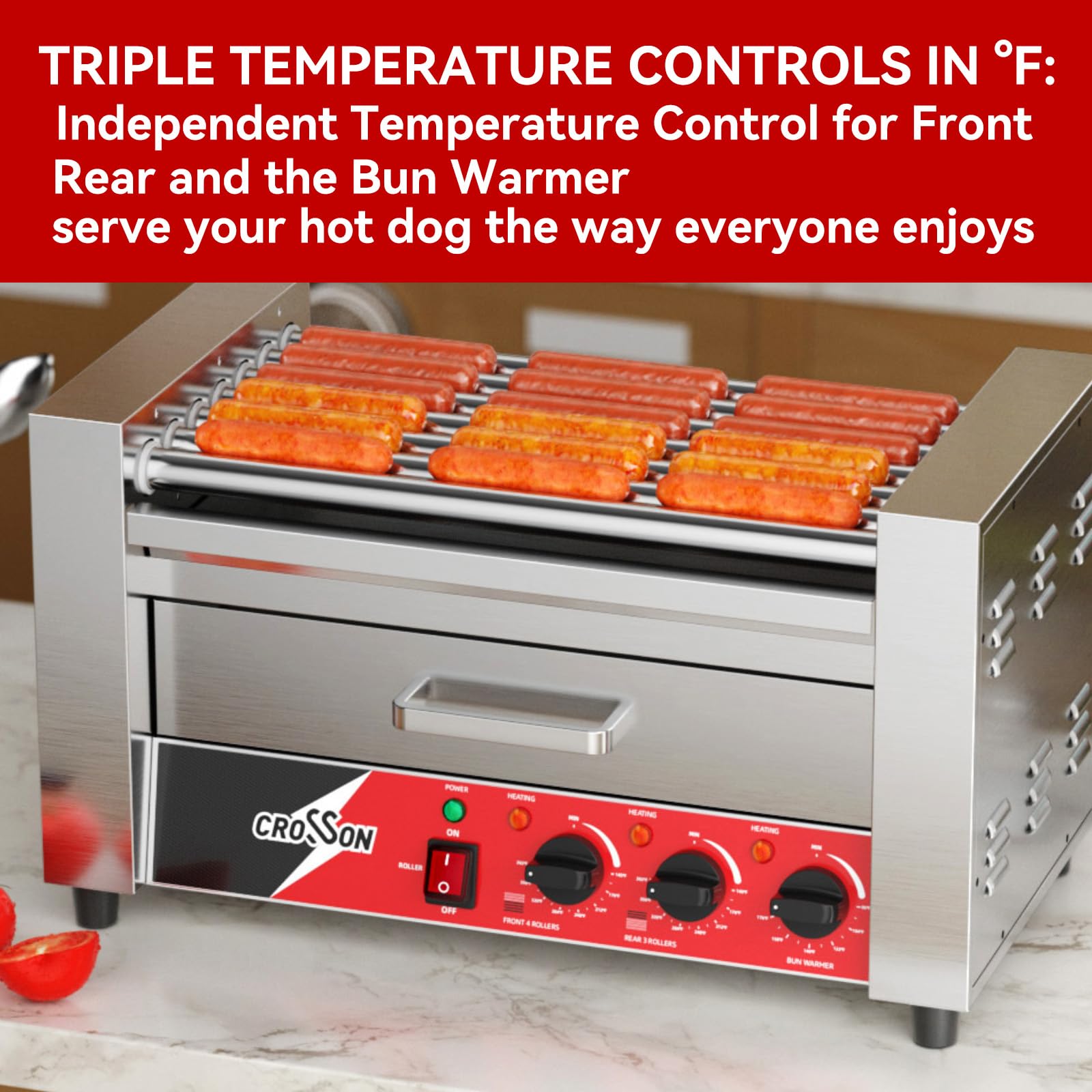 **Commercial 7-Roller Hot Dog Grill Machine with Bun Warmer - 304 Stainless Steel, Nonstick, 120V 1350W - Perfect for Restaurants, Food Trucks & Catering Events**