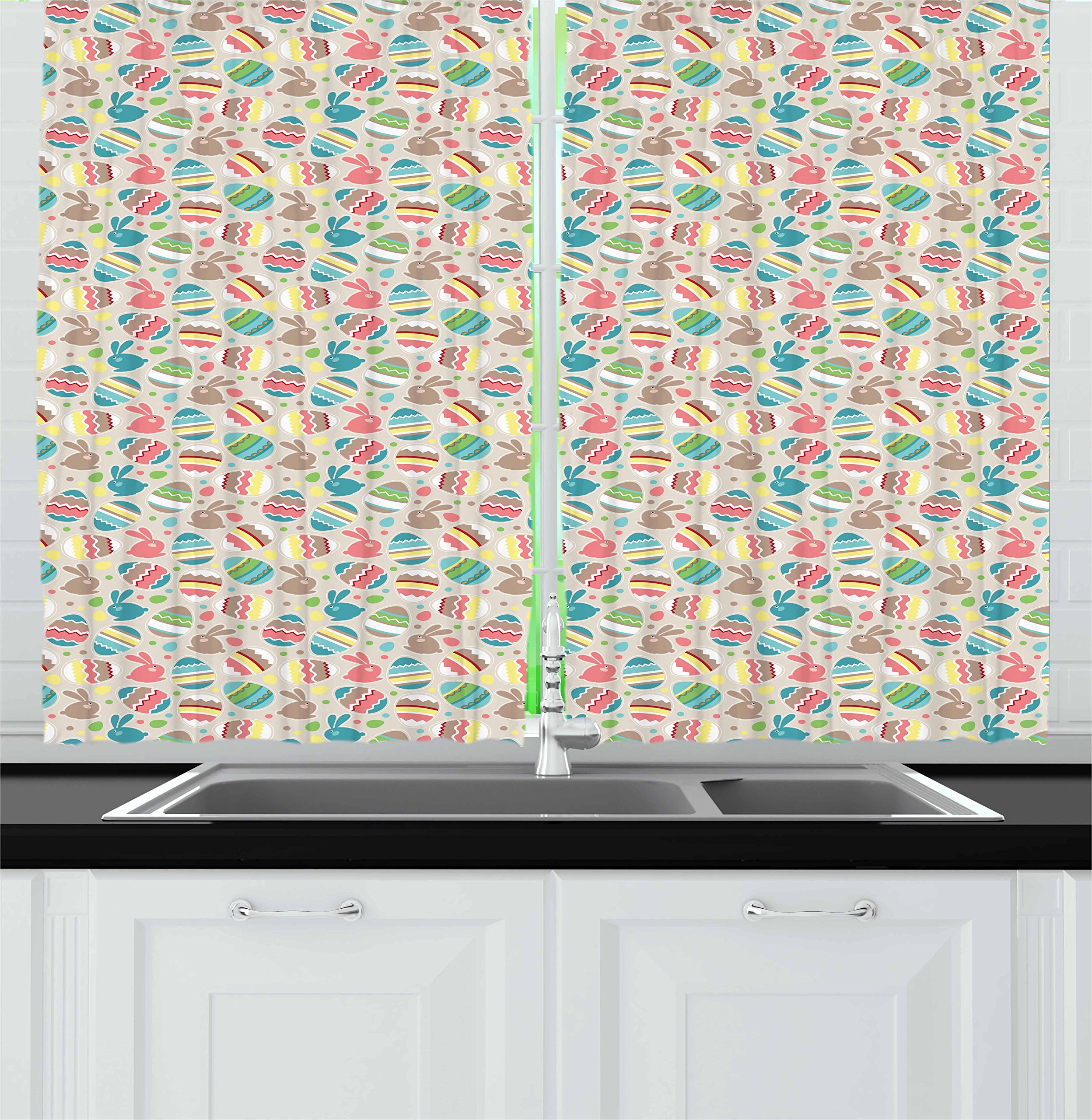 Ambesonne Easter Kitchen Curtains - Cartoon Style Holiday Decor with Bunnies, Dots, Zigzags & Waves - 2 Panel Window Drapes Set for Kitchen & Cafe - 55