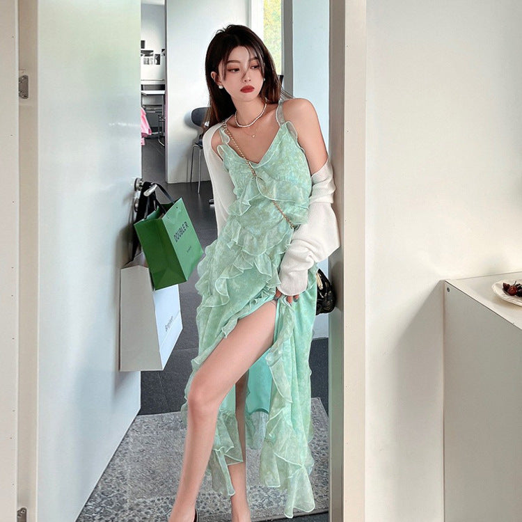 Fairy Green Floral Print Women's Summer Dress - Mid-Length Spaghetti Strap Flowy Dress for Beach, Vacation & Date Night | Size 396