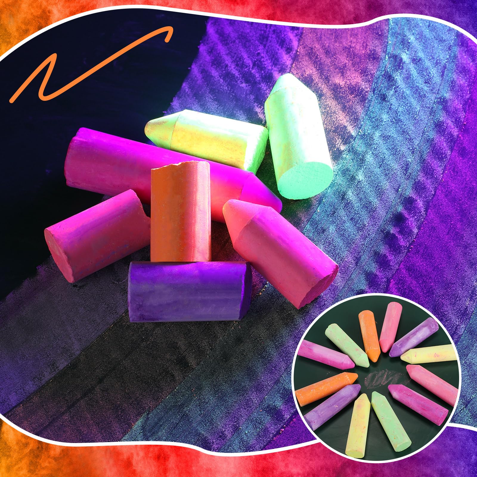 12-Pack UV Neon Glow in the Dark Chalk - 6 Vibrant Colors, Dustless & Washable Sidewalk Chalk for Kids Outdoor Play, Birthday Party Supplies, Blacklight Activities, Chalkboard Drawing & Playground Fun
