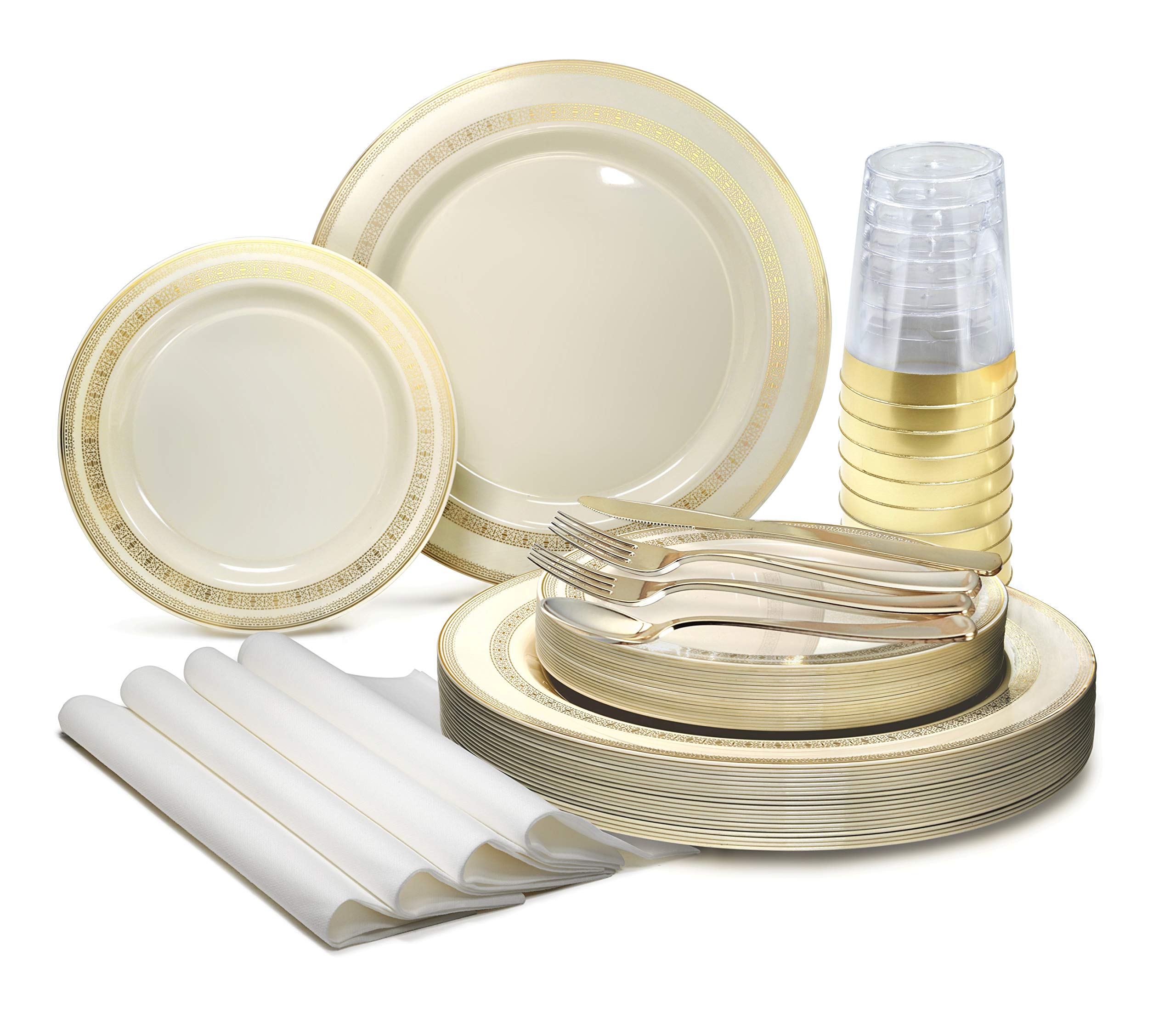 640-Piece Heavyweight Disposable Wedding Party Plate Set - 80 x 10.5'' Dinner Plates + 80 x 7.5'' Dessert Plates + Silverware + Cups + Linen-Like Napkins (Lace Ivory & Gold) - Elegant Disposable Tableware for Weddings, Bridal Showers & Special Events