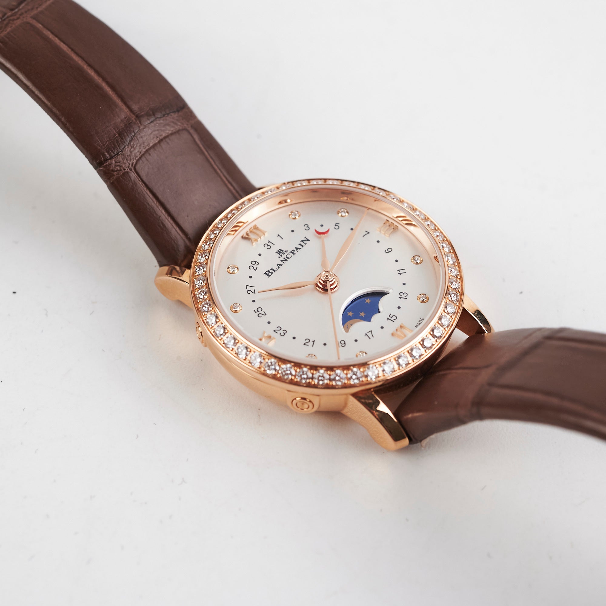 Blancpain Villeret 29mm Rose Gold Moonphase Diamond Watch for Women - Luxury Swiss Automatic Timepiece with Date Display & Diamond Bezel - Perfect for Formal Events, Weddings & Special Occasions
