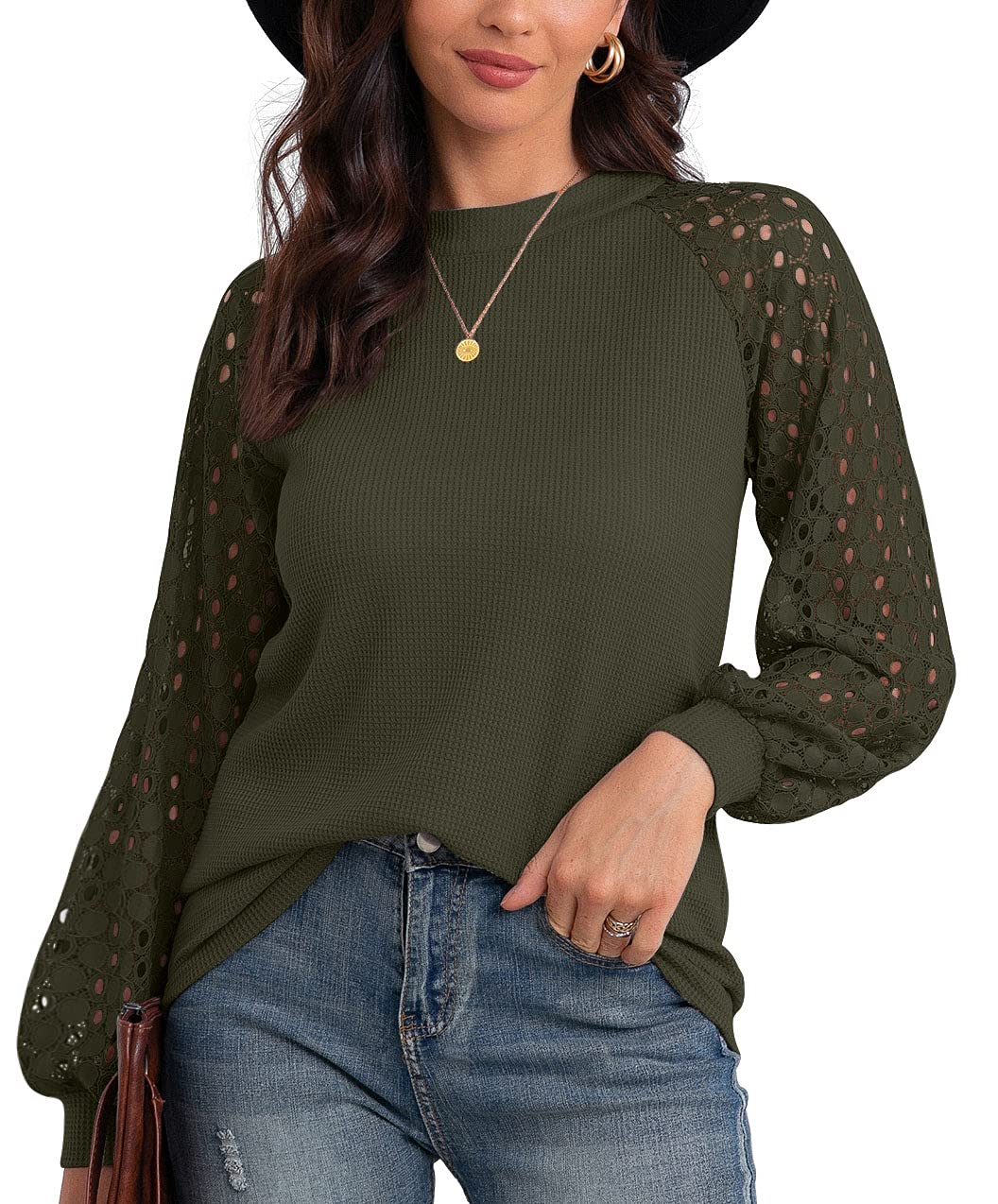 IWOLLENCE Women's Waffle Knit Blouse - Puff Long & Short Sleeve Lace Tops - Casual Loose T-Shirts for Women | Perfect for Office, Date Night & Everyday Wear