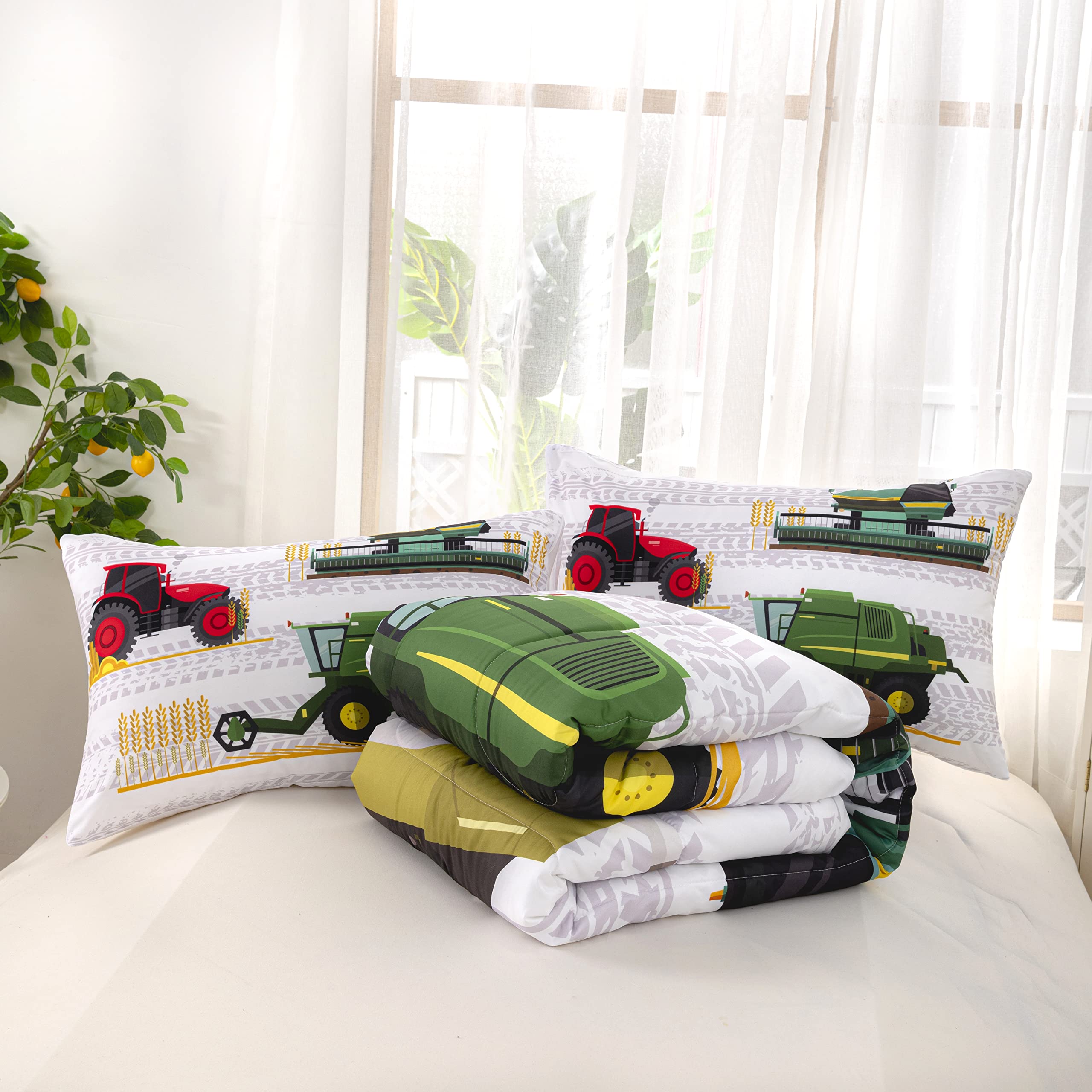 CVHOUSE Boys Tractor Bedding Set - Excavator, Trucks & Cars Themed Comforter with 2 Pillowcases - 3-Piece Kids Bed Set for Farm & Construction Lovers - Perfect for Toddler Rooms, Birthday Gifts & Nursery Decor