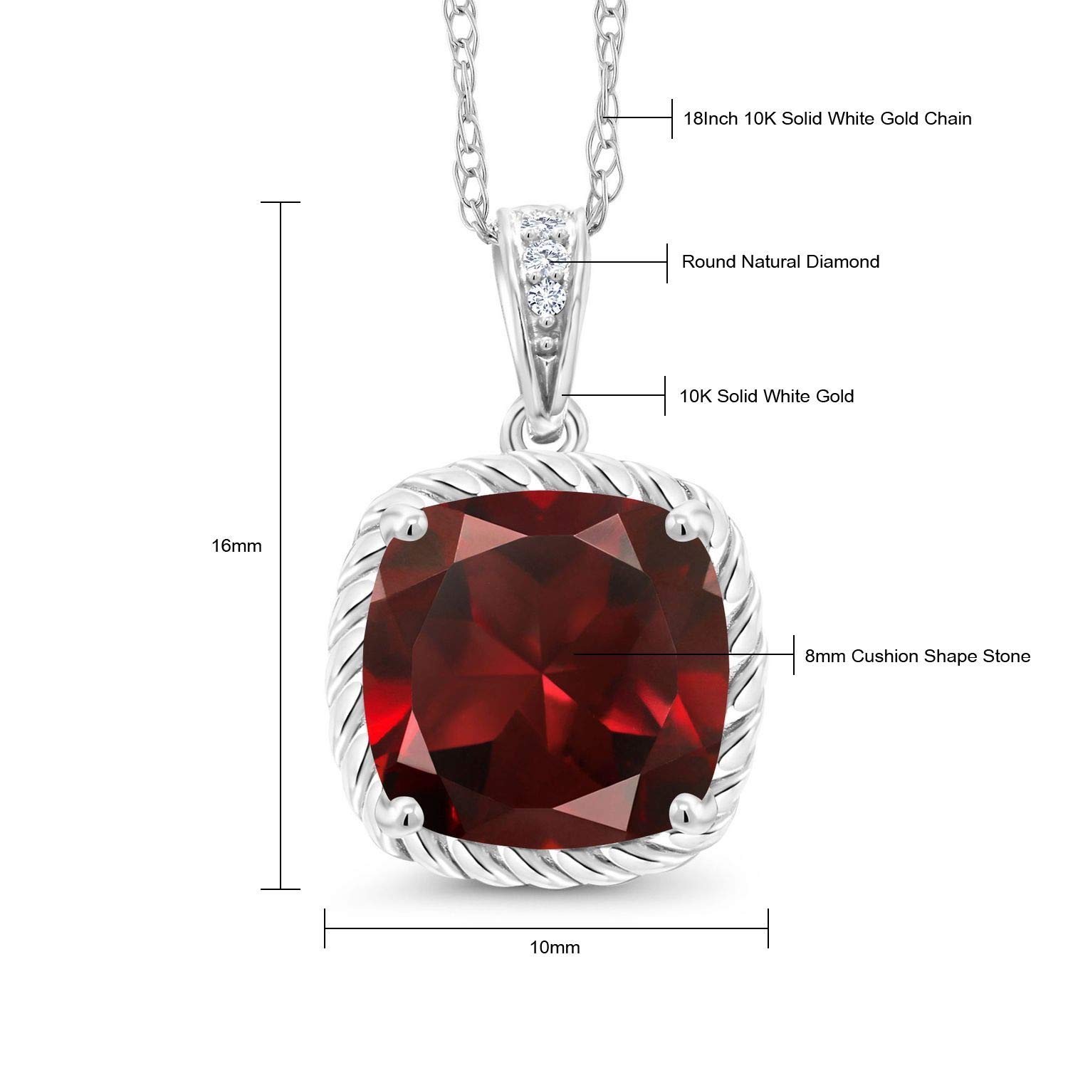 10K White Gold Cushion 8MM Gemstone Birthstone & Diamond Pendant Necklace for Women - 18 Inch Silver Chain | Elegant Jewelry Gift for Birthday, Anniversary & Special Occasions