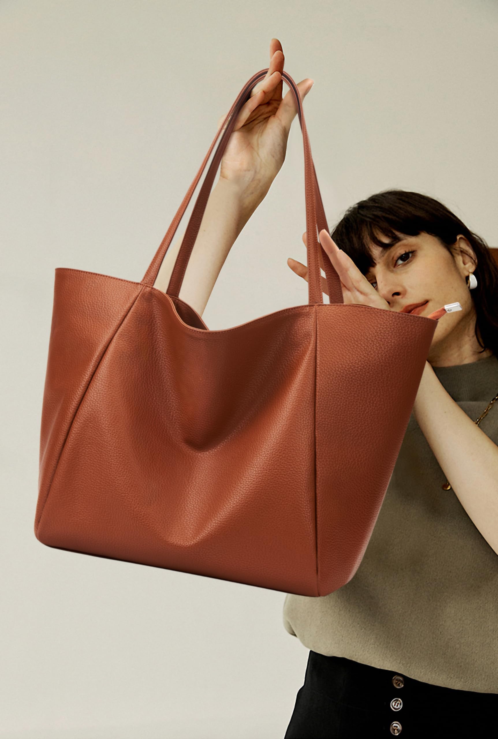 Vegan Leather Large Tote Bag for Women - 23L Oversized Work Bag with Zipper, Casual Weekender & Travel Shoulder Purse - Perfect for Office, Commuting, Weekend Getaways and Daily Essentials