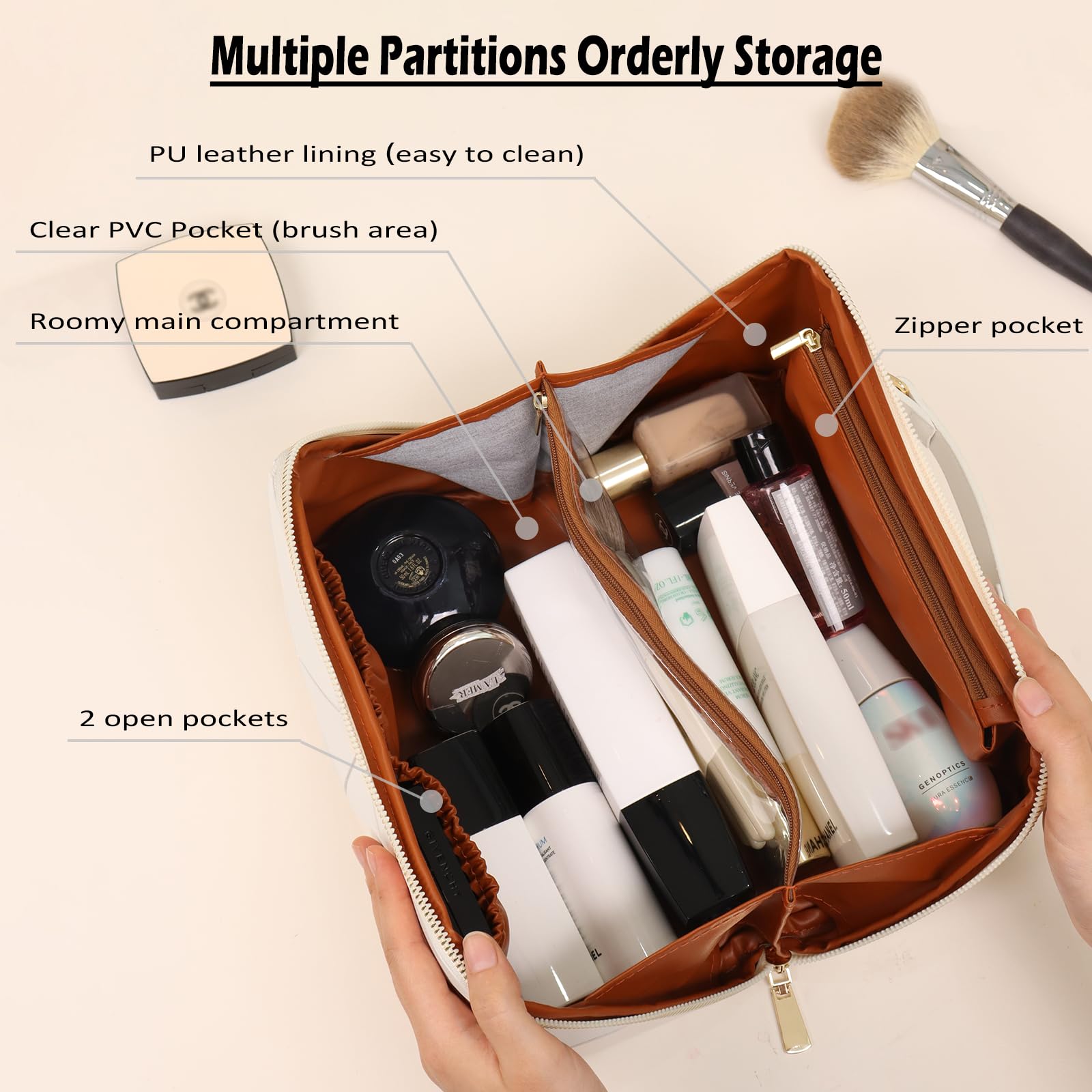 IMCUZUR Large Travel Makeup Bag for Women - Waterproof Cosmetic Organizer with Handle, Portable Flat Open Skincare Case (White) | Perfect for Vacation, Gym & Daily Beauty Essentials Storage