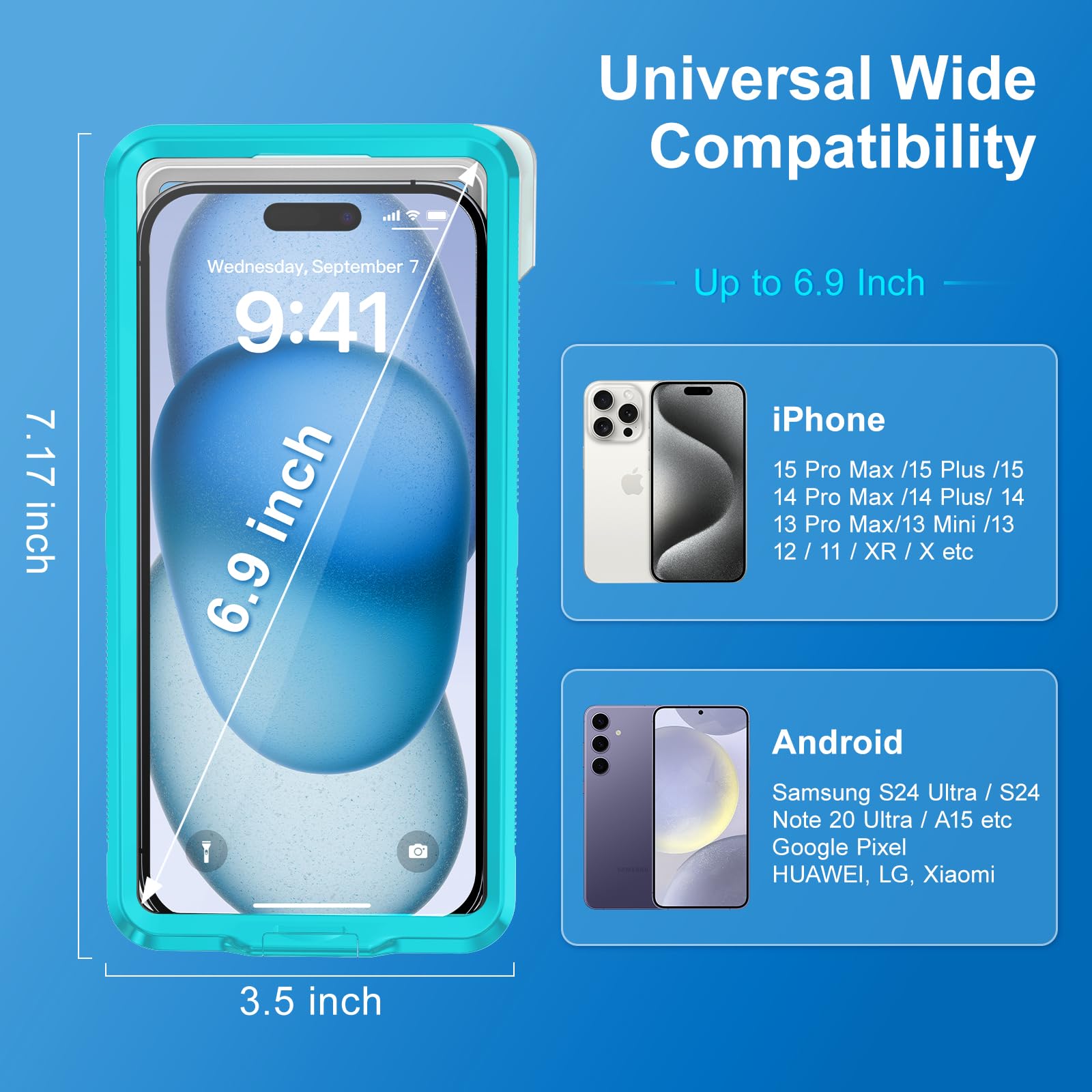 Beasyjoy Waterproof Phone Case for iPhone 16/15/14/13/12/11 & Samsung S24/S23/S22/Google - Universal 6.9 Inch Underwater Snorkeling Diving Case with Self-Check Seal - Blue - Perfect for Beach, Pool, Kayaking and Water Sports