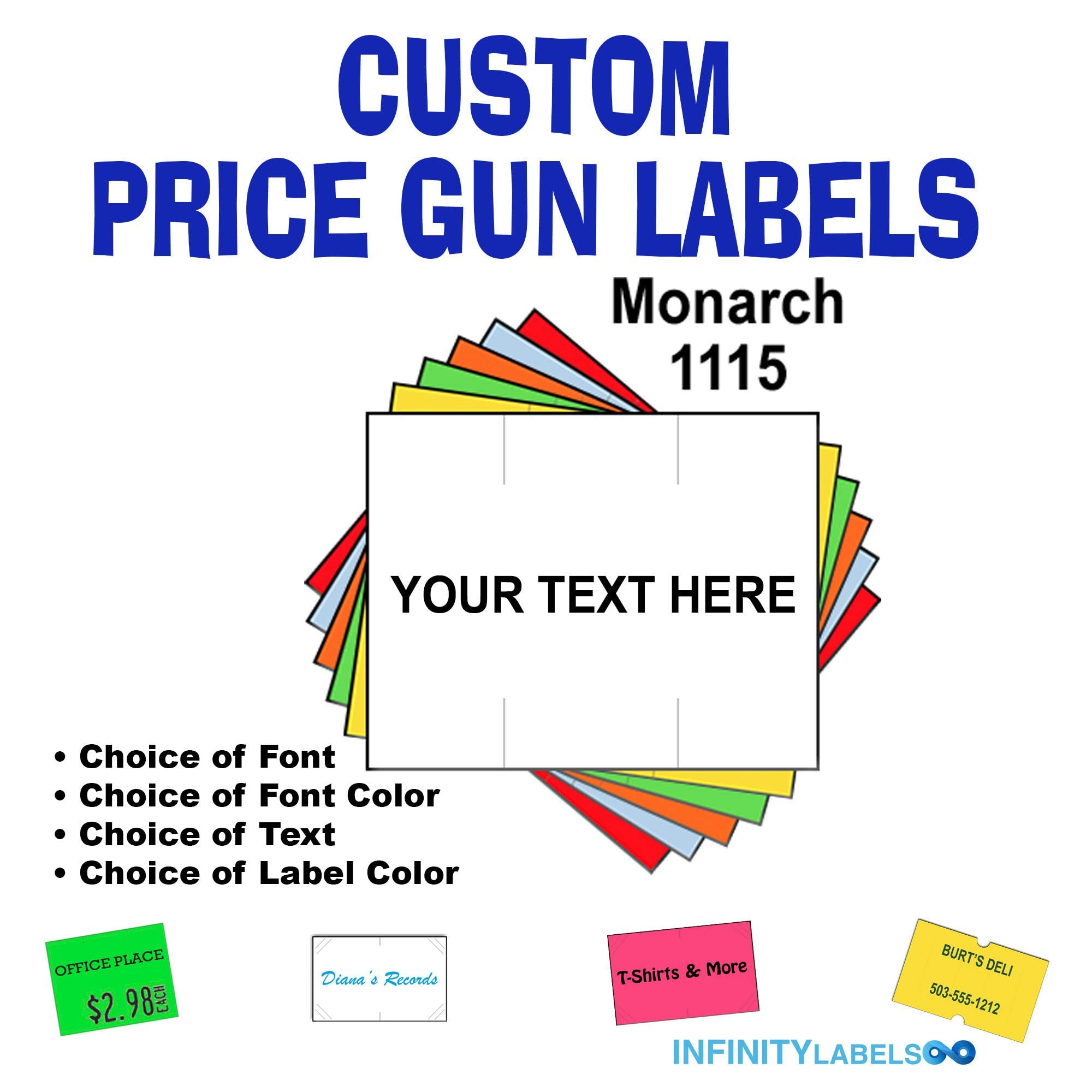 Custom Price Gun Labels - 240,000 Monarch 1115 Compatible Labels with 16 Ink Rollers (Choose Colors, Font & Text) - Perfect for Retail Pricing, Inventory Management & Warehouse Organization