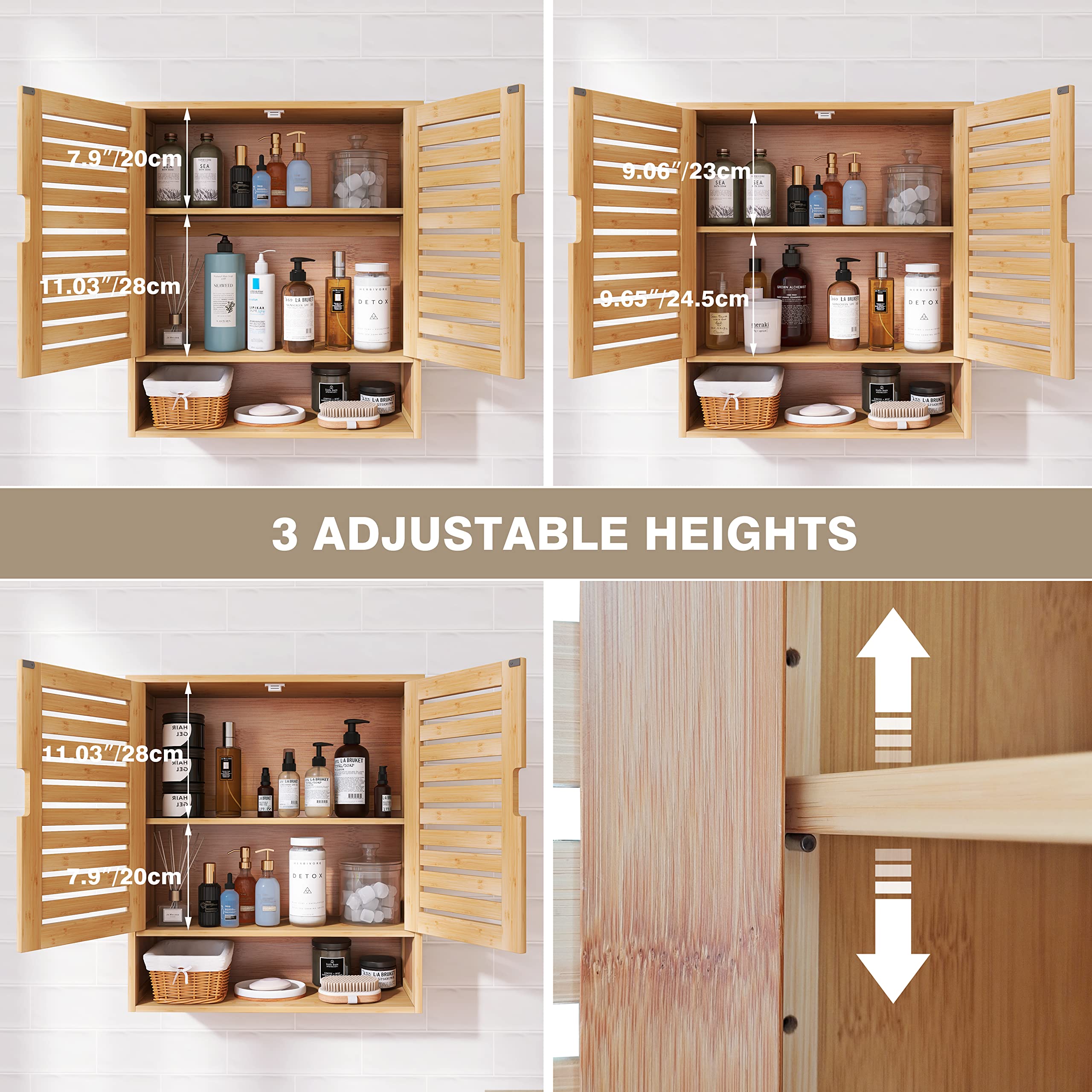 SMIBUY Wall Mounted Bamboo Bathroom Cabinet - Over The Toilet Storage Organizer with 2 Doors & Adjustable Shelves - Space Saving Medicine Cabinet (Natural) - Perfect for Small Bathrooms, Apartments & Vanity Organization