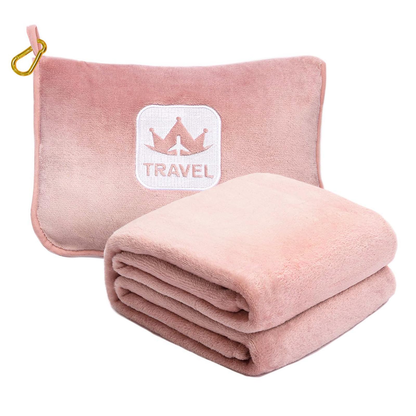 Excervent 2-in-1 Travel Blanket & Pillow - Soft Flannel Airplane Blanket with Carry Case & Luggage Strap (65x40 Inches, Pink) - Perfect for Flights, Road Trips, Camping & Home Comfort