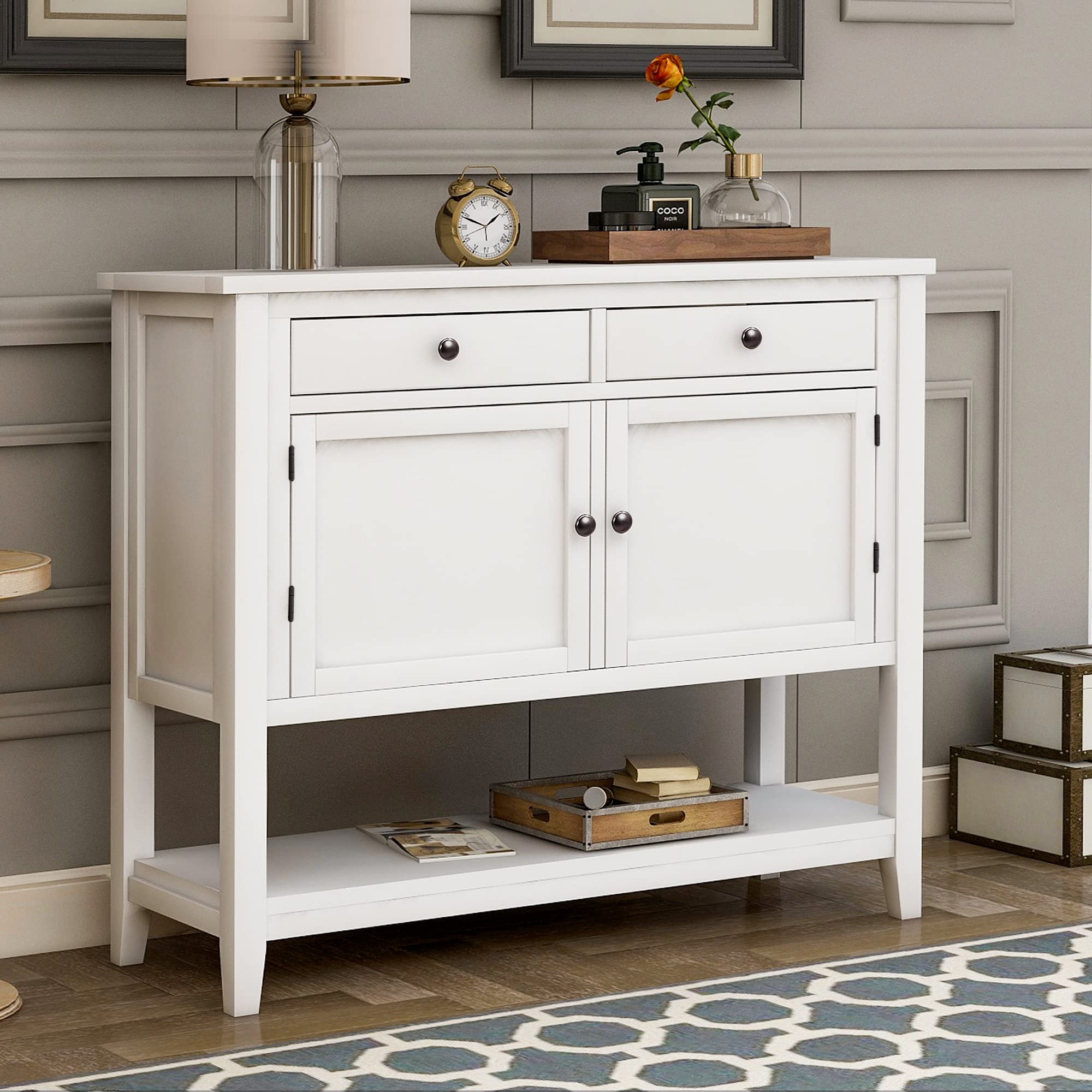 White Console Table with Shutter Doors & 2 Drawers - Entryway Buffet, Sofa Table with Storage Shelf for Living Room, Kitchen, Hallway - Perfect for Home Decor & Organization