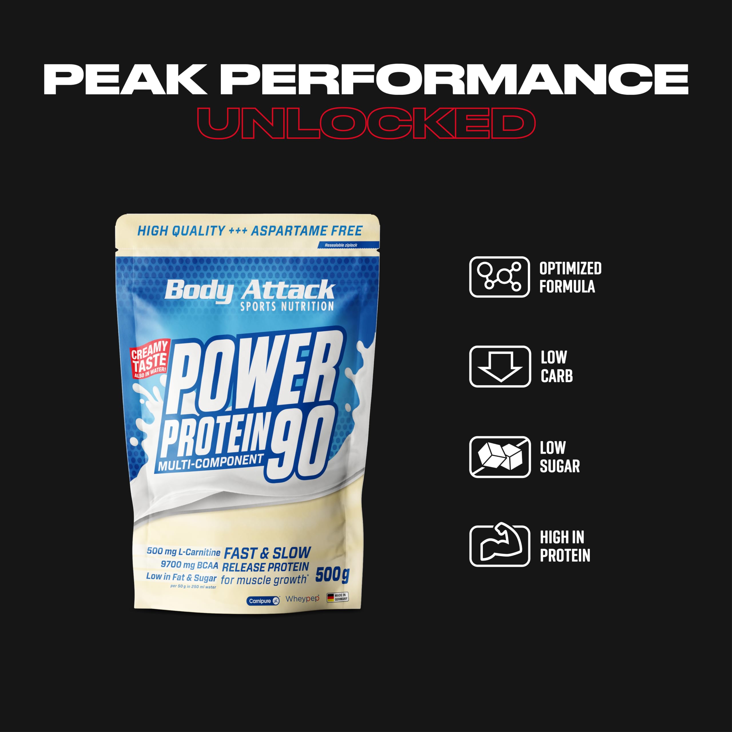 Body Attack POWER PROTEIN 90 - Cookies & Cream Flavor - 500g Multi-Component Protein Powder with BCAA, Vitamins & L-Carnitine | Made in Germany | Creamy Protein Shake for Muscle Recovery & Post-Workout Nutrition | Ideal for Gym, Fitness & Bodybuilding