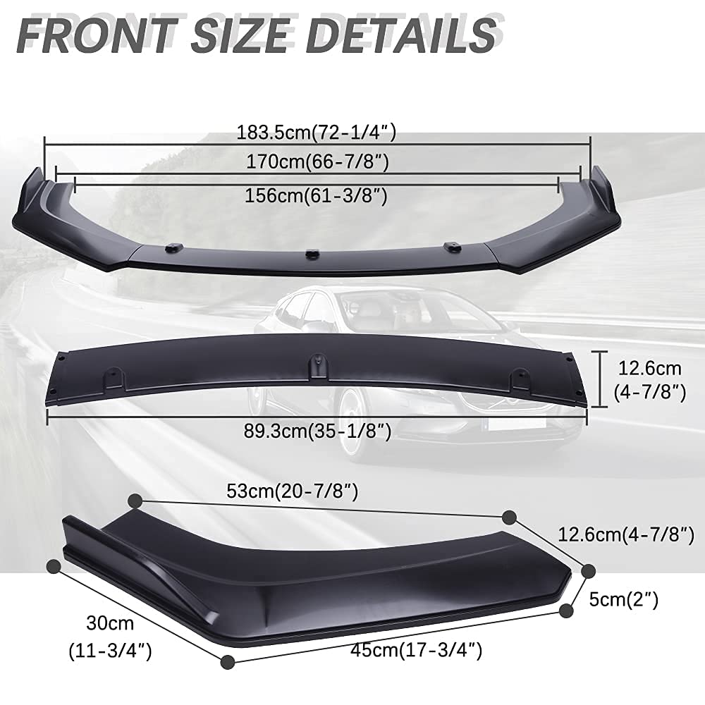 3PCS Matte Black Car Front Bumper Lip Splitter Diffuser Body Kit Spoiler with Adjustable 8-11 Inch Support Rods - Universal Fit for Enhanced Aerodynamics & Sporty Styling (Perfect for Track Racing & Street Performance)