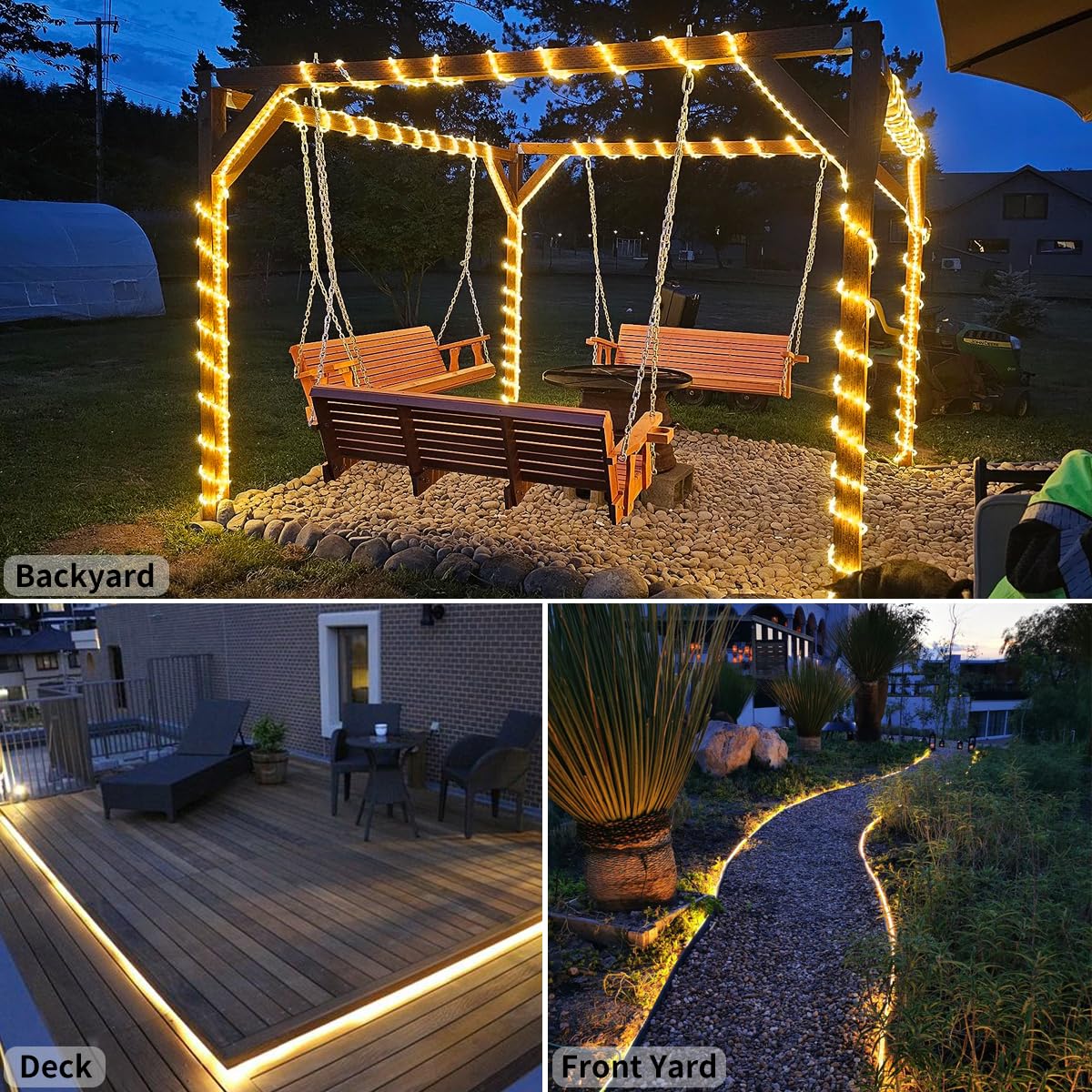 50FT Warm White LED Rope Lights - Waterproof Outdoor & Indoor Flexible String Lights with 450 LEDs, Connectable Plug-in Design for Bedroom, Garden, Patio, Deck, Christmas & Holiday Decorations - Perfect for Ambient Lighting and Party Decor