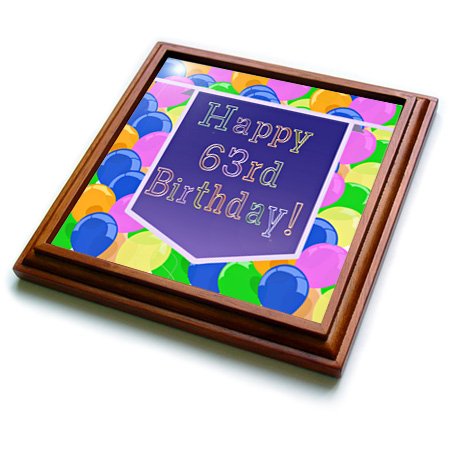 3dRose Ceramic Tile Trivet - 8x8 Inch Happy 63rd Birthday Gift with Purple Balloon Banner Design | Brown Heat-Resistant Coaster for Birthday Parties, Kitchen Decor & Home Use