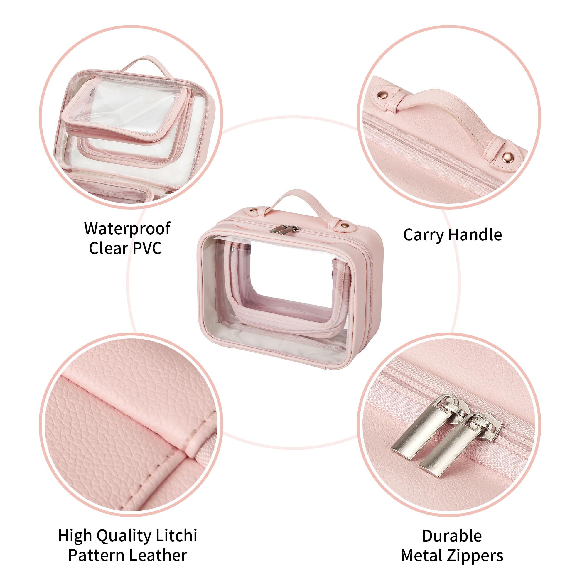 TSA Approved Clear Toiletry Bag for Women - Waterproof PVC Travel Cosmetic Organizer with Leather Accents (Pink) | Perfect for Air Travel, Gym & Weekend Getaways