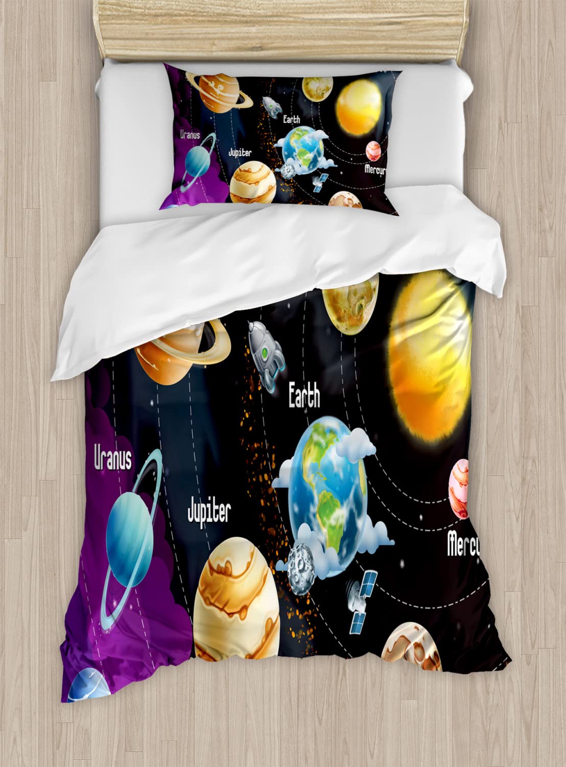 Ambesonne Outer Space Duvet Cover Set - Solar System Planets Milky Way Galaxy Bedding with 2 Duvet Covers & 2 Pillowcases, Twin Size 2-Pack in Black & Purple - Perfect for Kids Room, Astronomy Lovers & Sci-Fi Themed Bedrooms