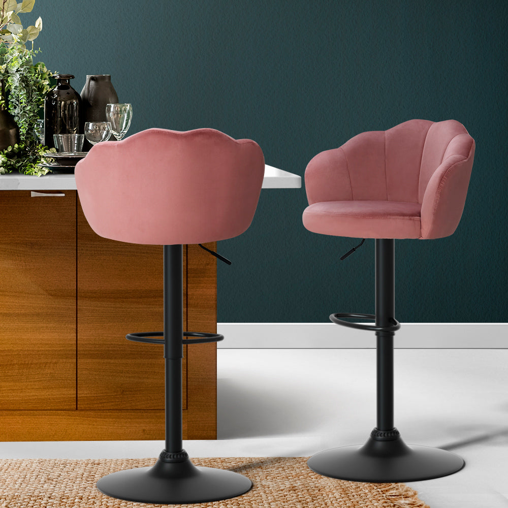 Artiss Set of 2 Swivel Bar Stools with Gas Lift - Velvet Upholstered Kitchen Counter Stools in Pink Nessah for Home Bar, Breakfast Nook & Modern Dining