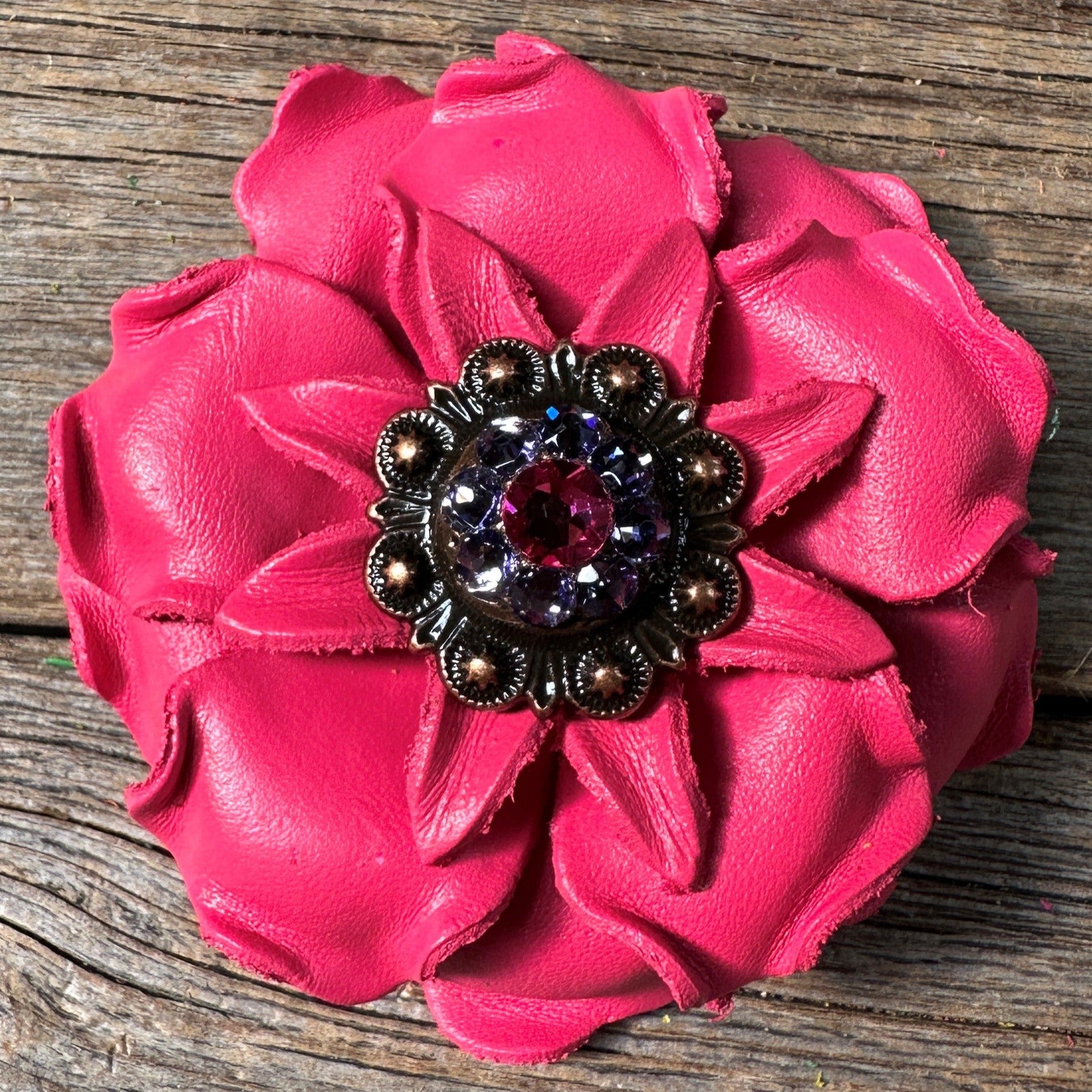 Bright Pink Gardenia Leather Flowers with Crystal Conchos - Handmade Floral Hair Clips, Bridal Hair Accessories, Boho Wedding Decor, DIY Craft Supplies for Women & Girls
