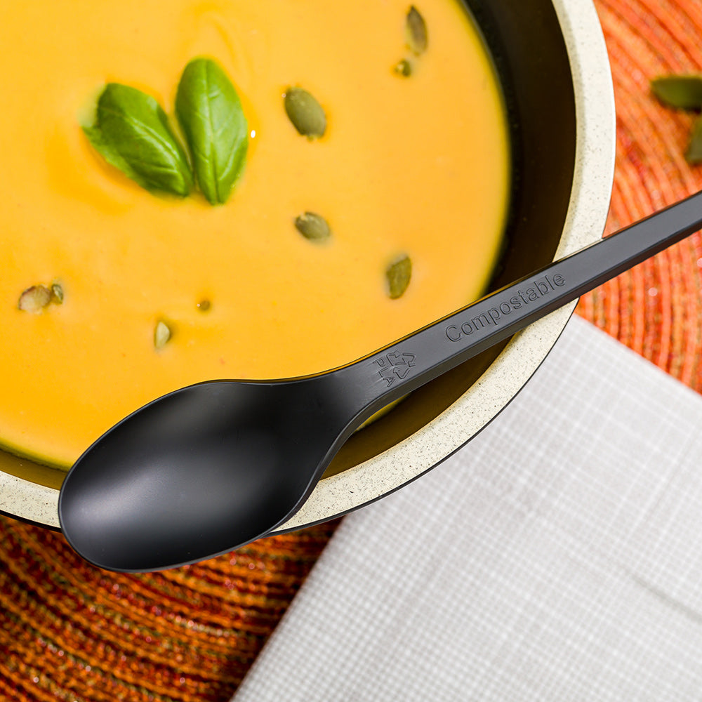 Eco-Friendly Black CPLA Compostable Spoons - Heat Resistant, 6.5