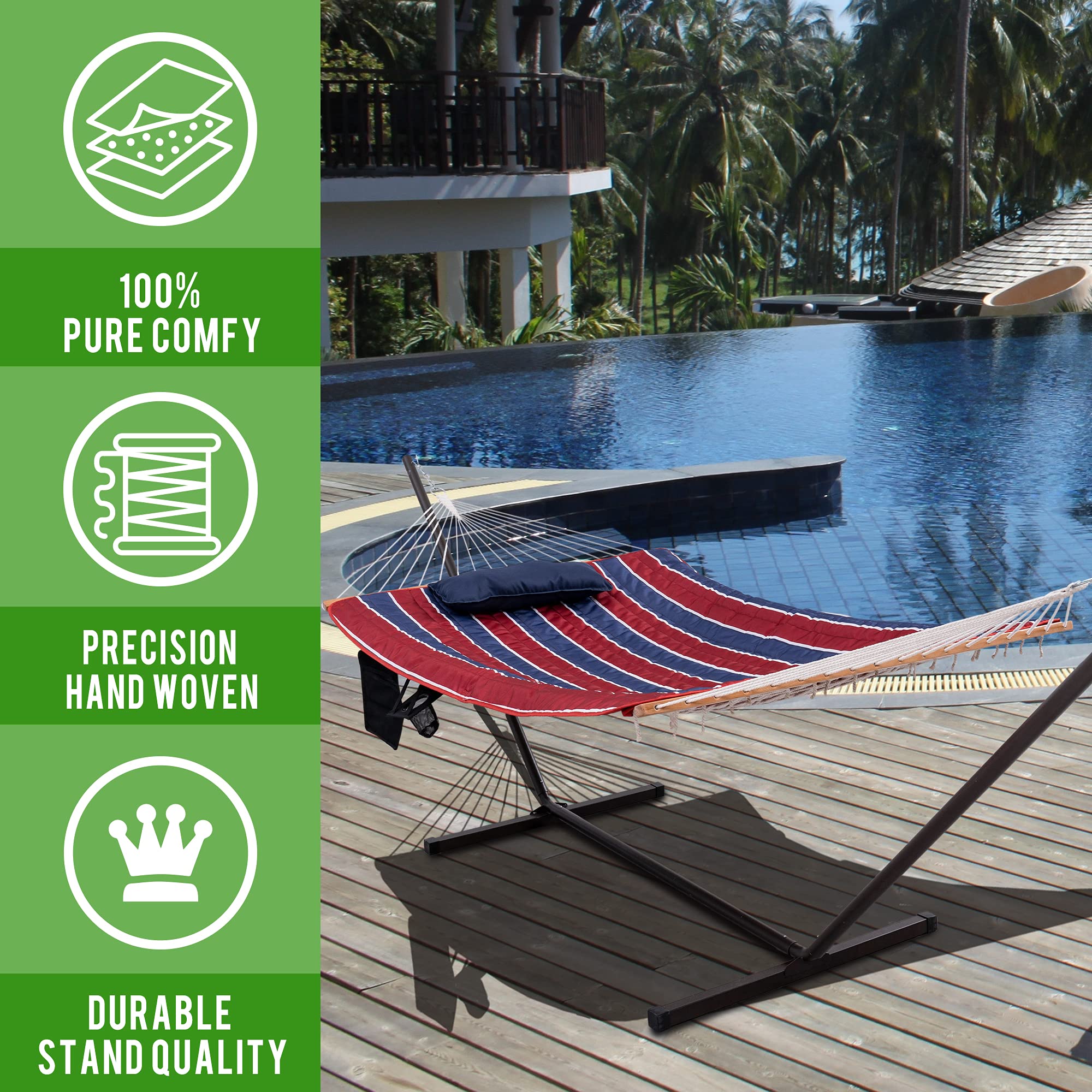 Best Double Hammock with Stand - 12 ft Steel Frame, 2 Person Cotton Rope Hammock with Quilted Pad & Accessories (Red/Navy Stripes) - Perfect for Backyard Relaxation, Camping & Beach Lounging