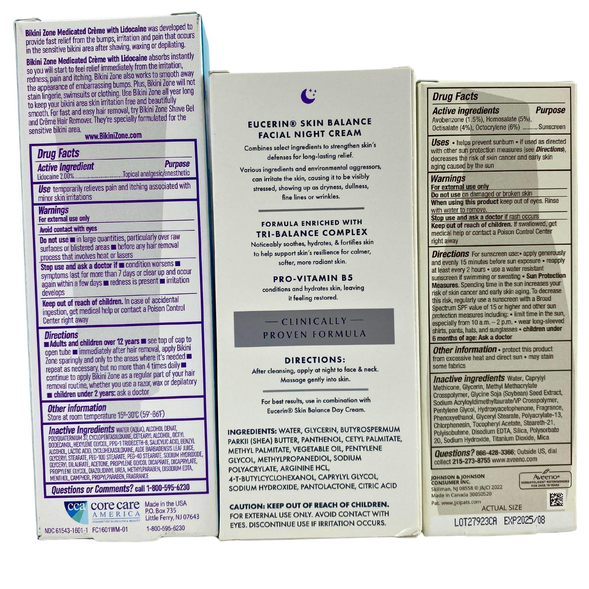 Eucerin, Bikini Zone & Aveeno Skincare Bundle - 35 Piece Assorted Lot for Women's Daily Care & Post-Shave Soothing | Perfect for Travel, Gym & Home Use