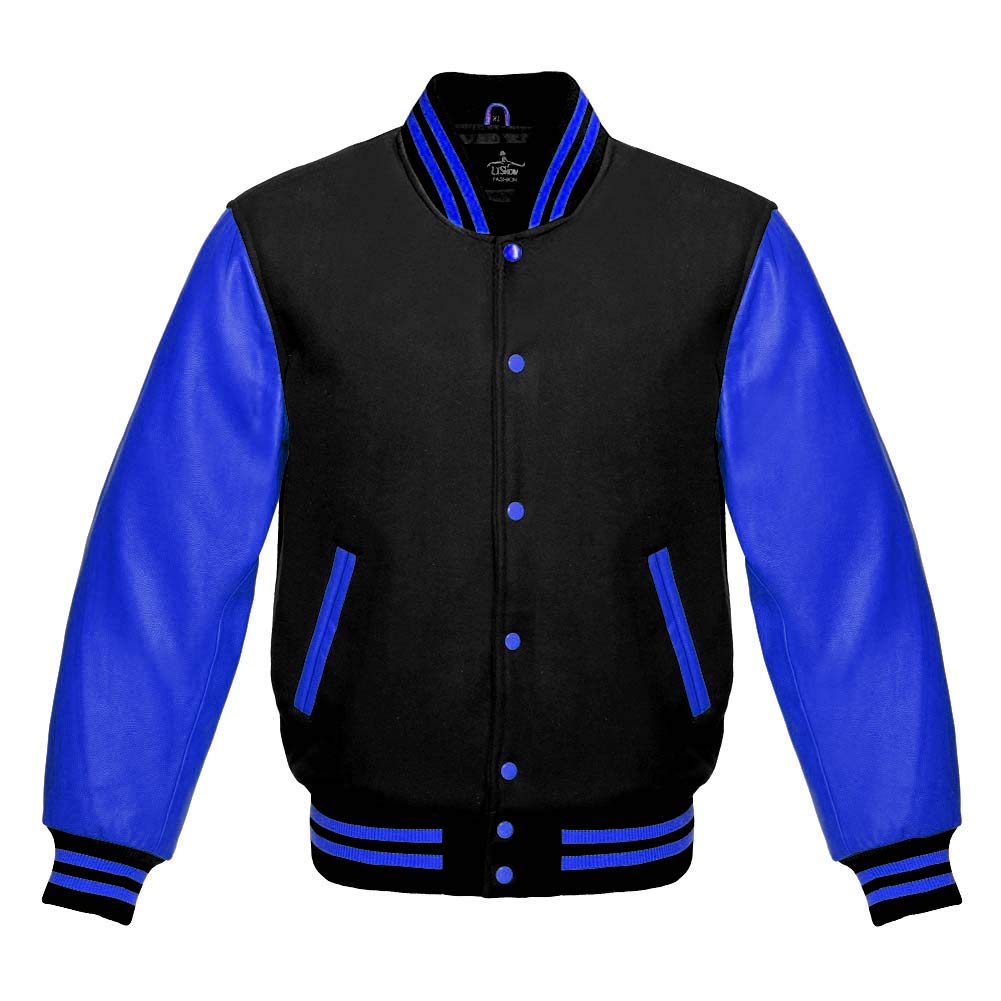 Premium Wool & Genuine Leather Varsity Jacket - Baseball Letterman Bomber with Royal Blue Sleeves for School & College | Perfect for Sports Teams, Campus Fashion & Casual Outfits