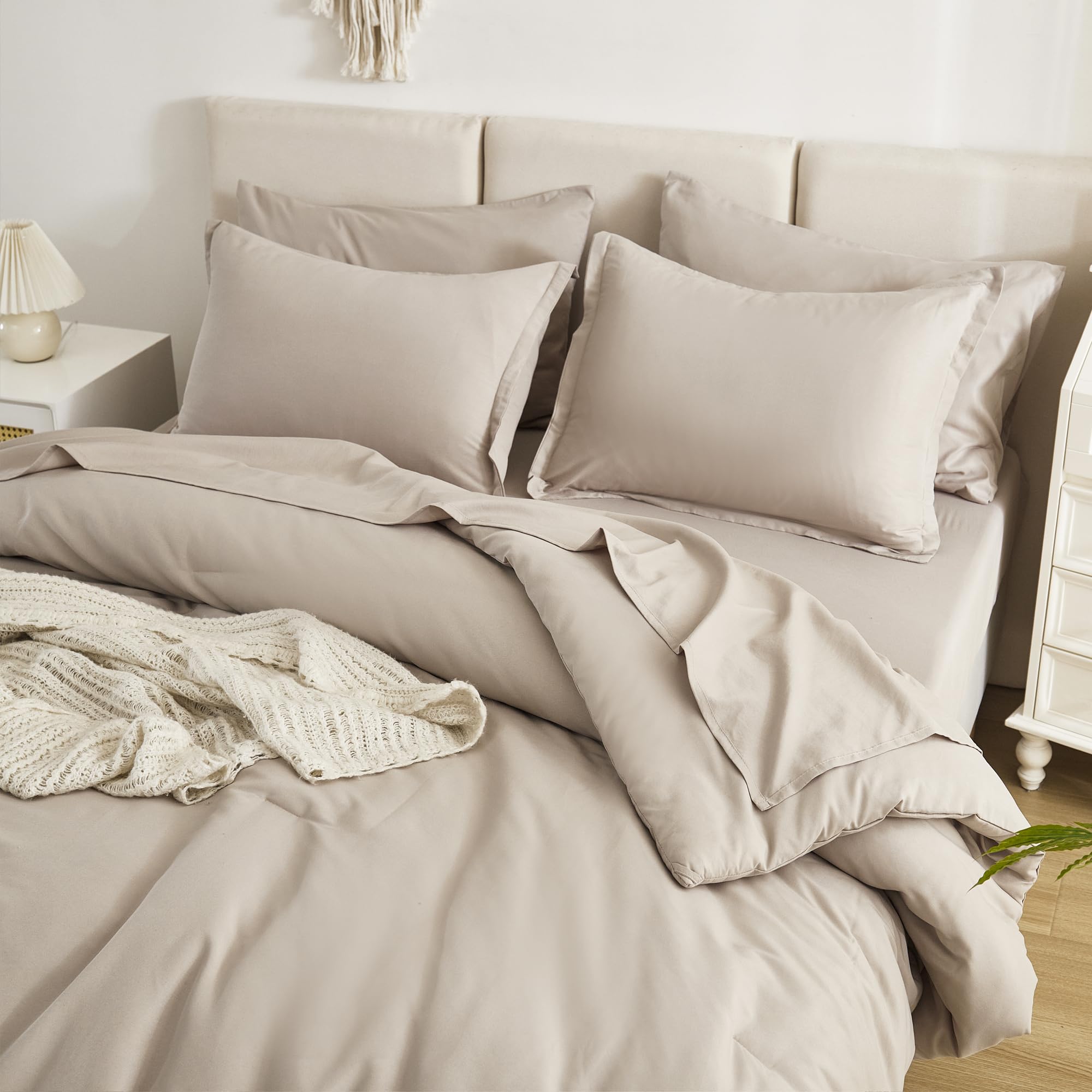Litanika 7-Piece King Size Comforter Set in Oatmeal - Lightweight Bedding Set Includes Comforter, Sheets, Pillowcases & Shams | Perfect for Master Bedroom, Guest Room & Cozy Home Decor