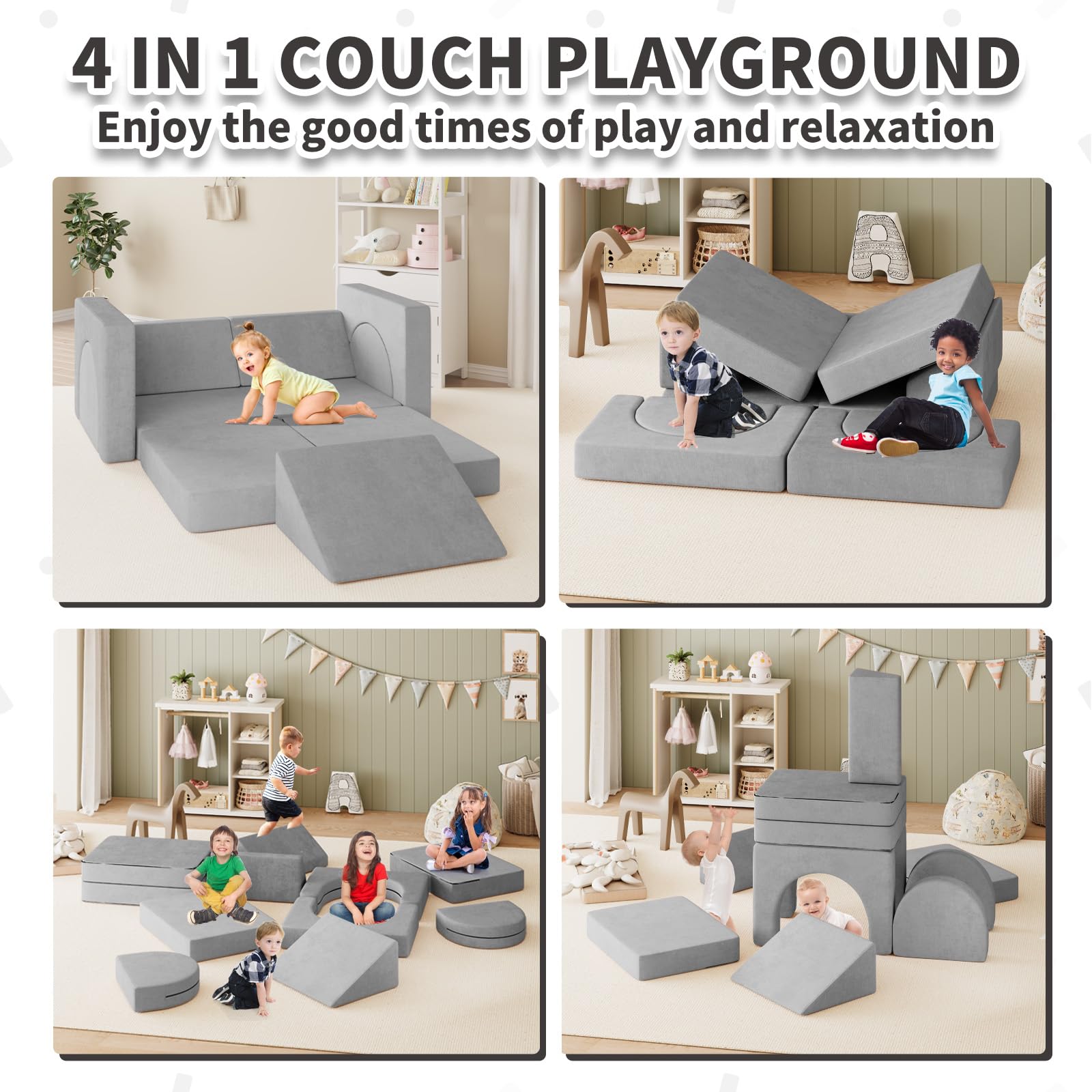 10PCS Modular Kids Play Couch - 10-in-1 Toddler Sofa with Climbing Slope for Boys & Girls | Creative Play, Climbing, Napping & Indoor Activities | Durable Gray Children's Furniture for Playroom, Bedroom & Daycare