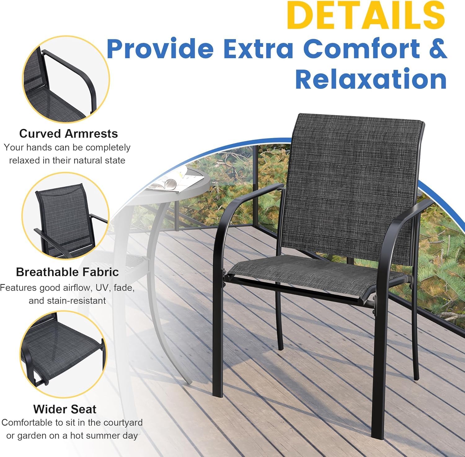 VICLLAX Outdoor Chairs Set of 2 - Stackable Metal Patio Sling Chairs for Lawn, Garden, Poolside & Backyard - Comfortable Grey Lounge Chairs for Relaxing, Sunbathing & Outdoor Gatherings