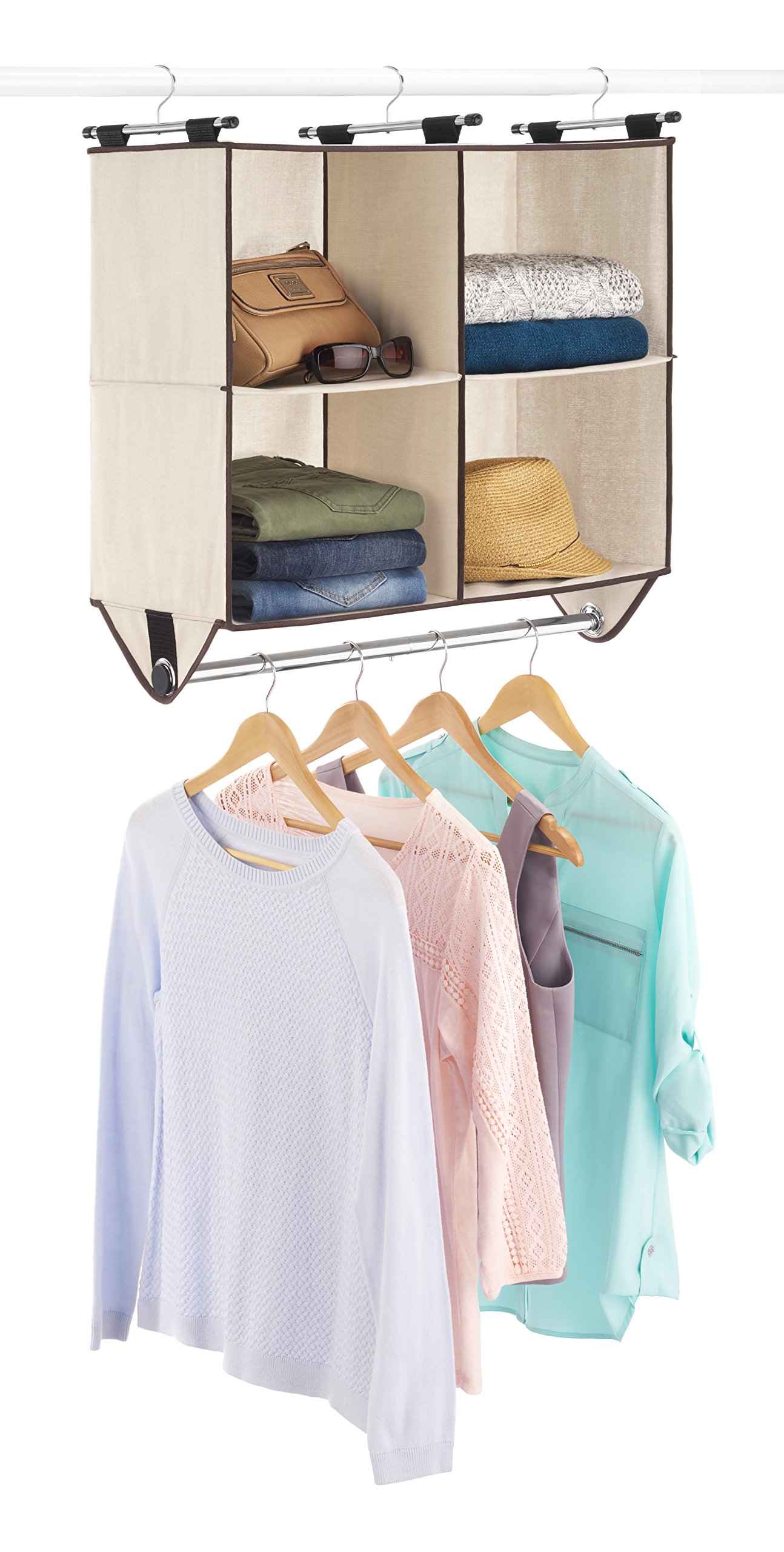 Whitmor 4-Section Closet Organizer with Hanging Rod - Durable Canvas Storage for Clothes, Shoes & Accessories | Perfect for Bedroom, Closet & Dorm Organization