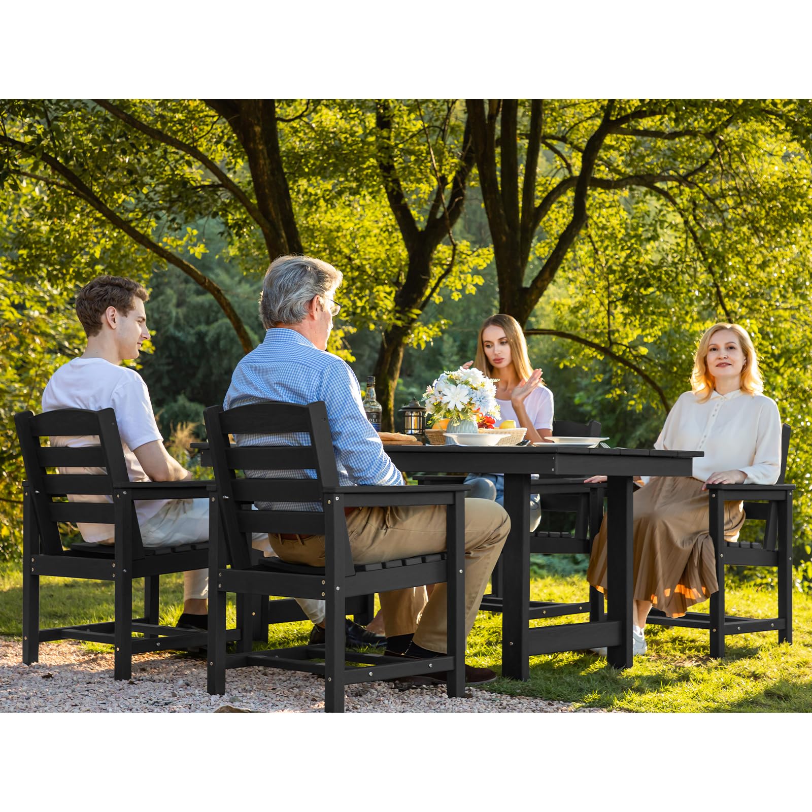 SERWALL 7-Piece Outdoor Patio Dining Set - HDPE Weather-Resistant Table with Umbrella Hole & 6 Chairs - Black - Perfect for Backyard, Garden, Poolside & BBQ Gatherings