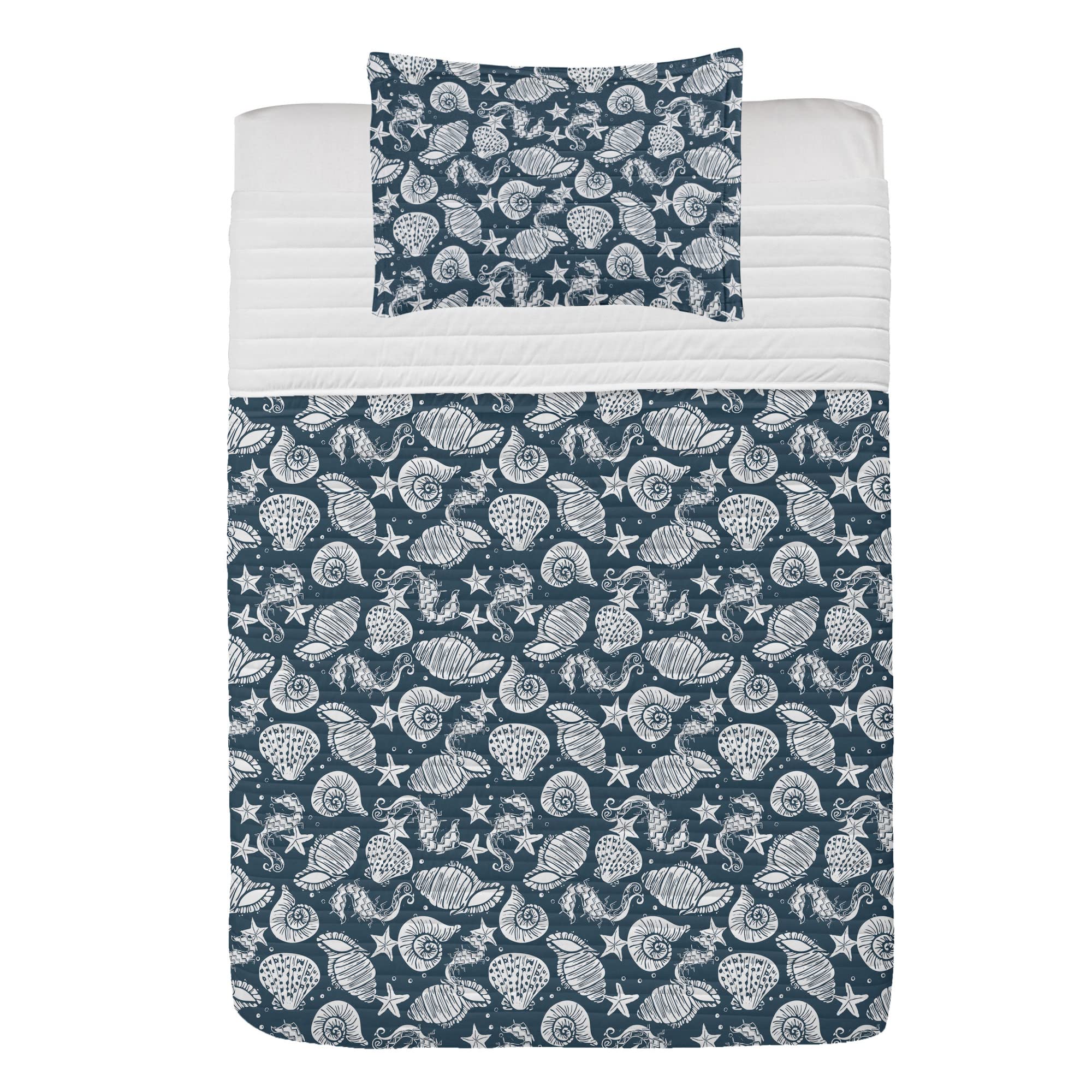 Ambesonne Nautical Shells Microfiber Bedspread Set - Twin Size Dark Slate Blue & White | Soft Comforter with Pillow Sham | Underwater Ocean Theme Bedding for Coastal Decor, Beach House, or Maritime Style Bedroom