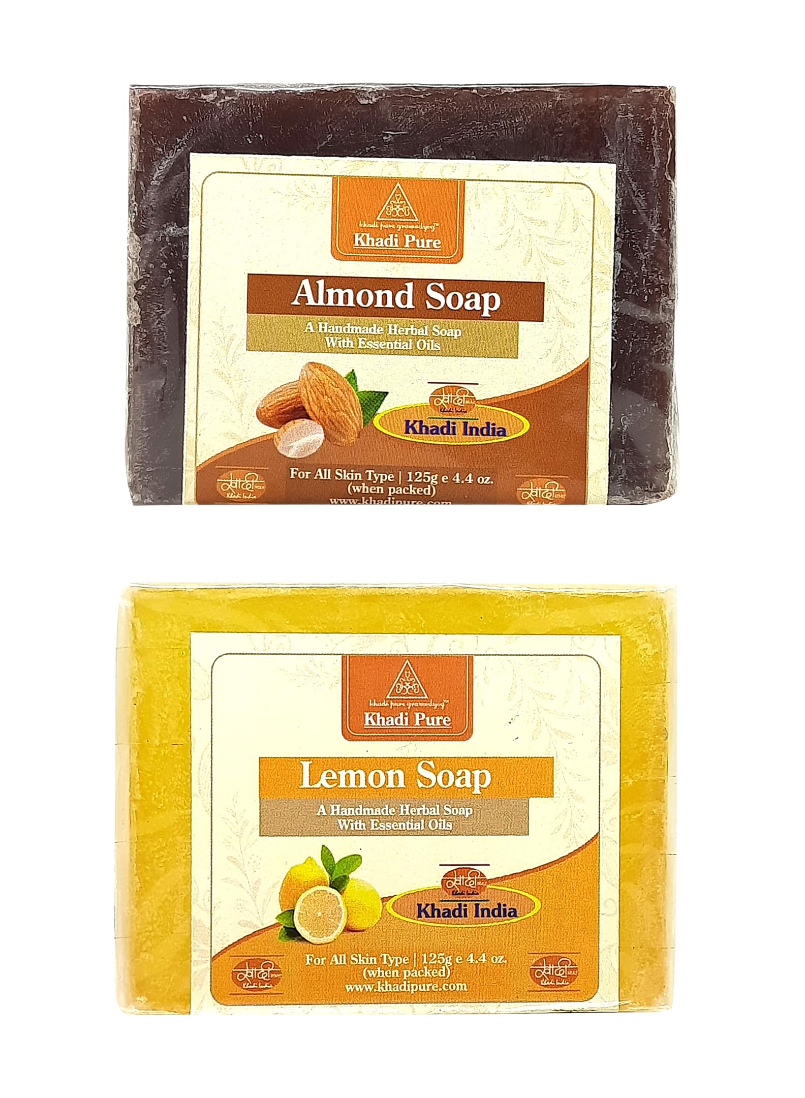 Khadi Pure Herbal Lemon & Almond Soap (125g) - Pack of 2 (250g) | Natural Skin Cleansing & Moisturizing | Face & Body Wash for Dry & Sensitive Skin | Vegan & Cruelty-Free Soap Bar