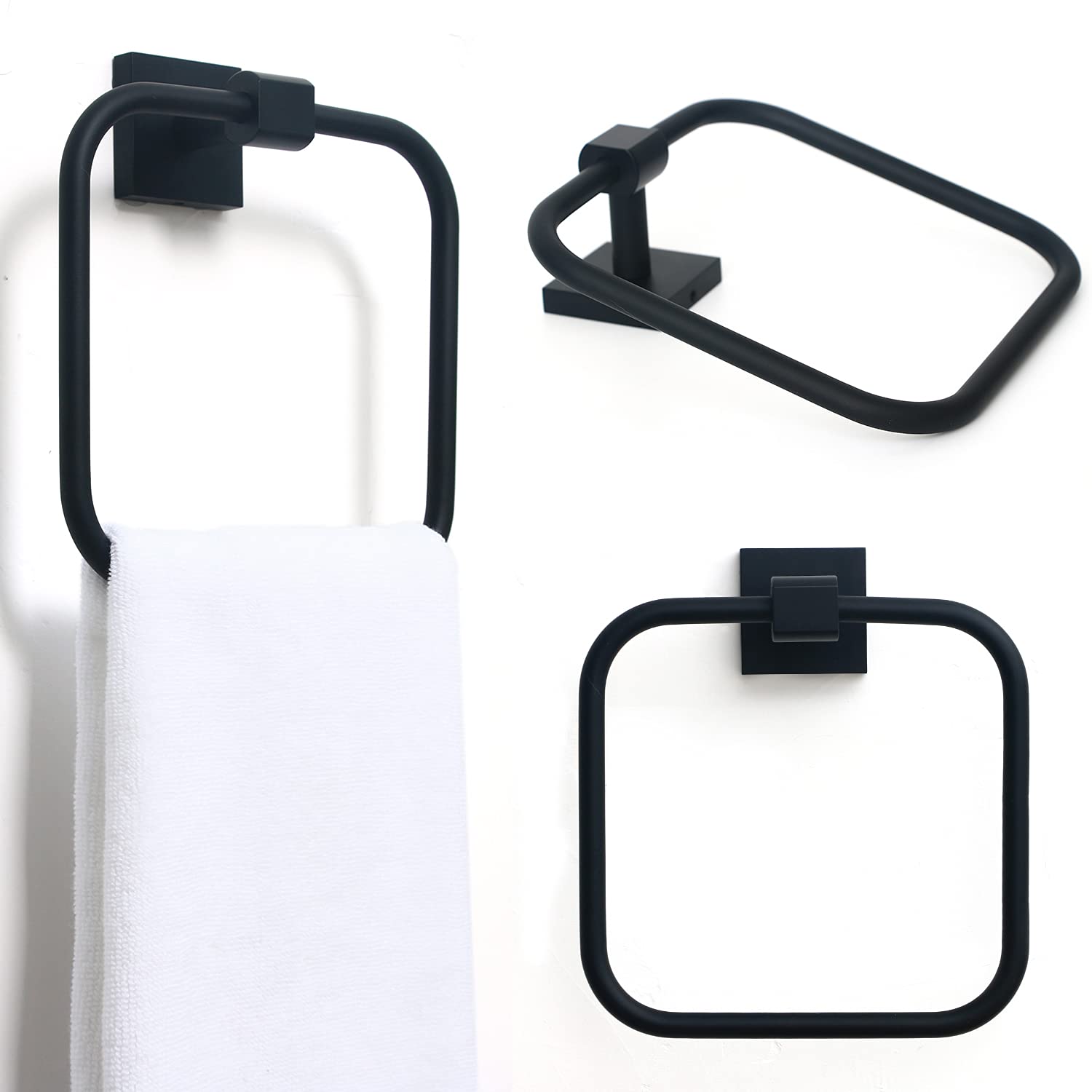 Stainless Steel Square Hand Towel Ring - Modern Matte Black Wall Mounted Bathroom Towel Holder for Kitchen & Guest Room - Durable & Stylish Home Decor Accessory