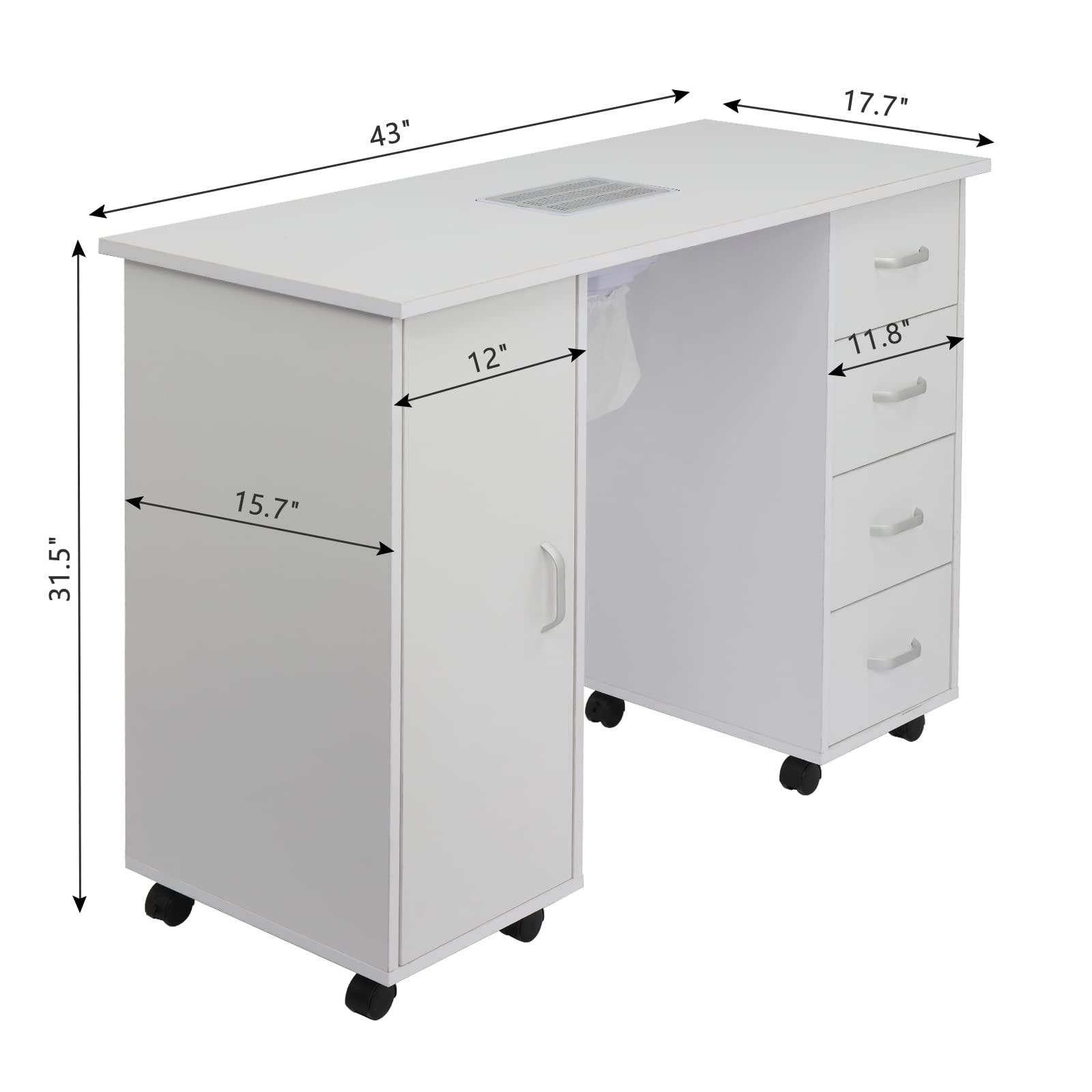 Professional Manicure Table with Downdraft Ventilation - Nail Tech Station with 4 Removable Drawers, 2-Tier Storage Cabinet & Lockable Wheels | Perfect for Salon, Spa & Home Nail Art Studio