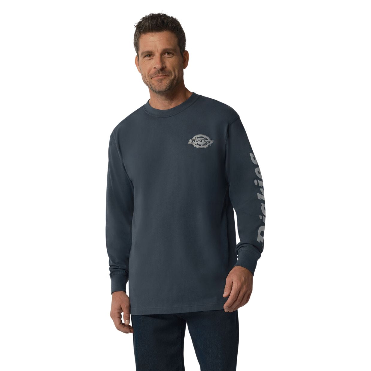 Dickies Heavyweight Logo Men's Long Sleeve Work T-Shirt - Durable Cotton Crewneck Shirt for Construction, Warehouse & Outdoor Jobs (Airforce Blue, WL22C) - Perfect for Workwear, Casual Wear & DIY Projects